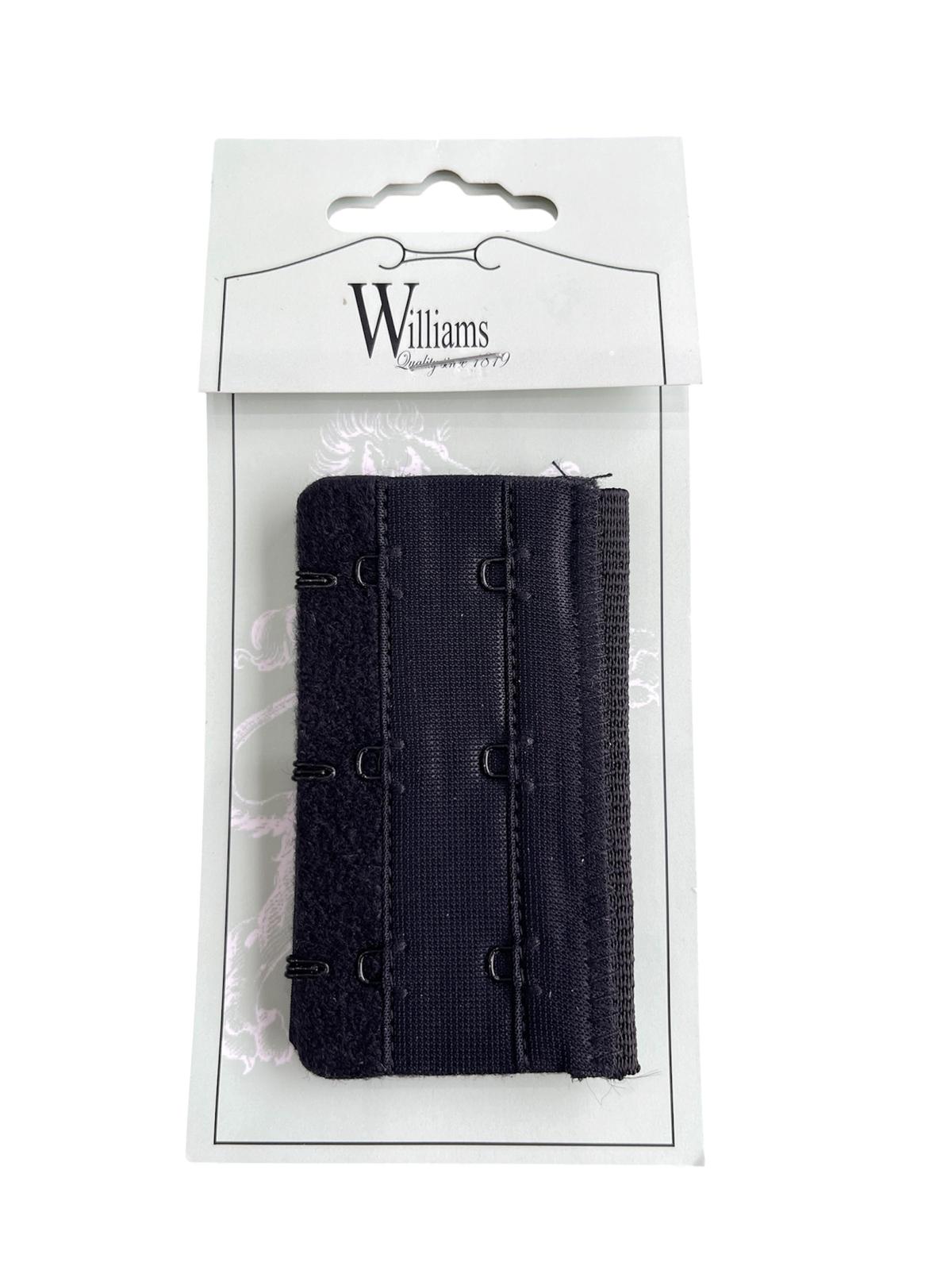 Williams black 3-hook bra extender on its original white and grey cardboard packaging.