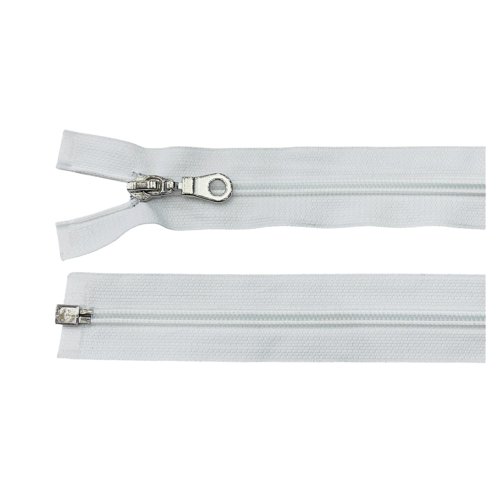 PEX Size 7 white plastic open-end separating zipper with a silver metal puller.