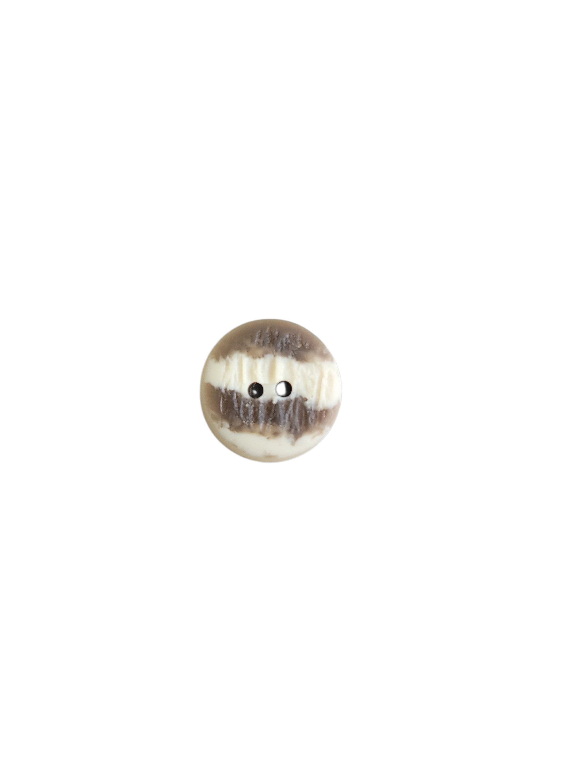 A round, two-hole polyester sewing button with a brown and cream horn imitation pattern.