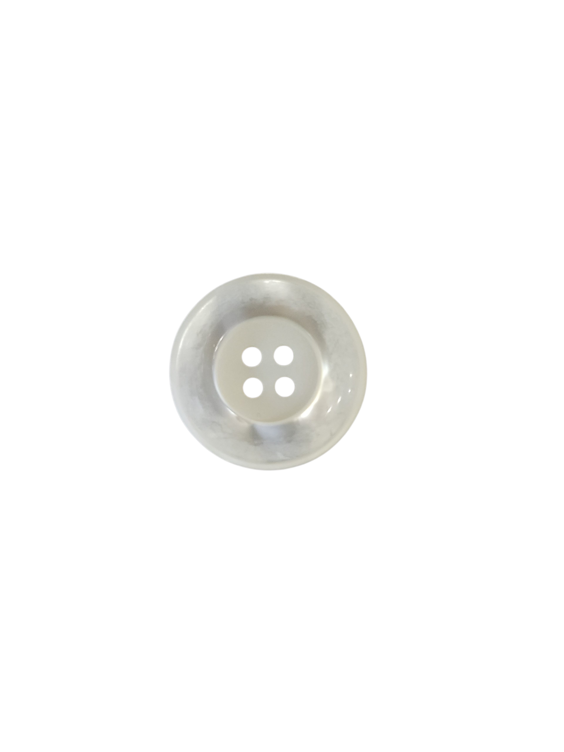 A single 28mm pearly rimmed round sewing button with four holes centered on a white background.