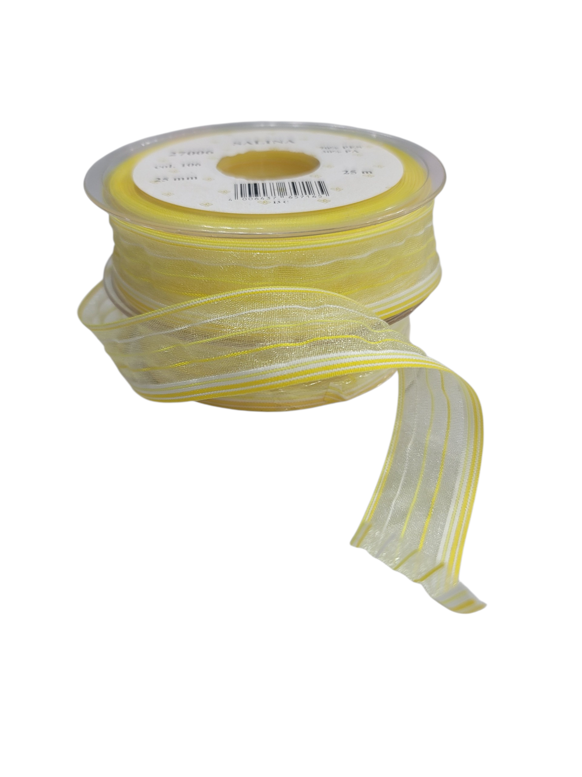 Salina yellow and white striped chiffon ribbon tape on a 25-meter spool.