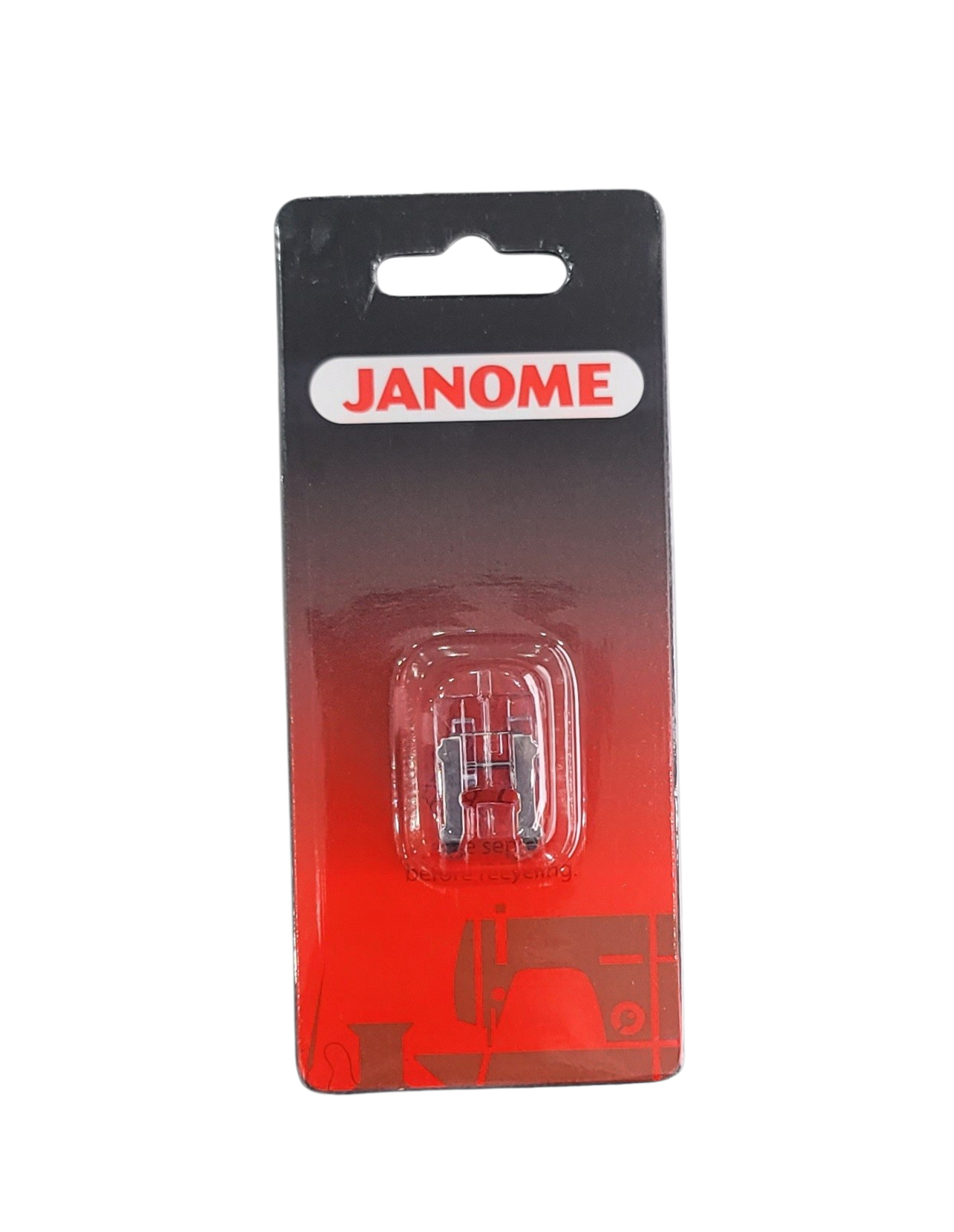 Janome buttonhole foot for long buttonholes and cuffs in its original red and black packaging.