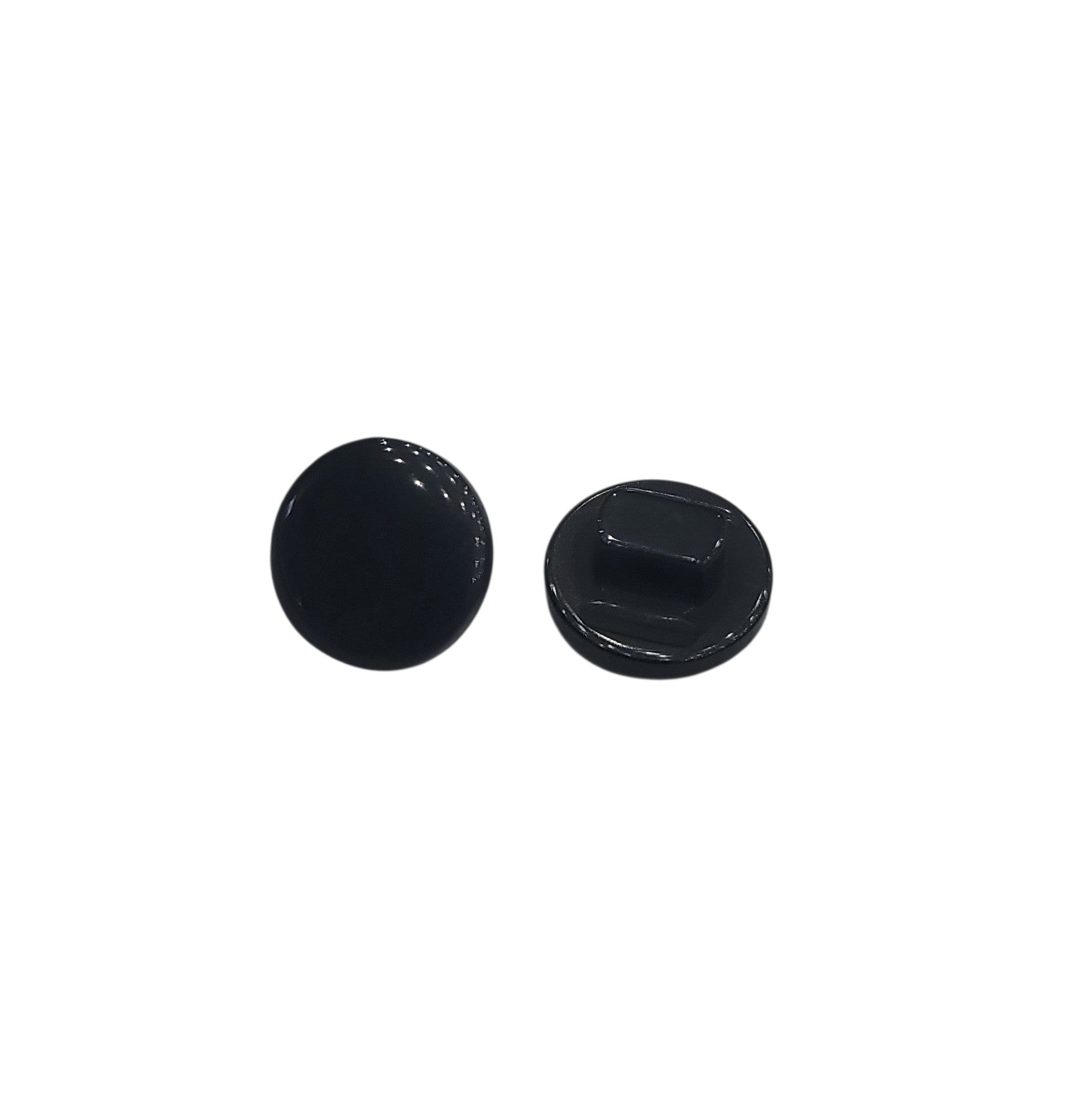 Front and back view of an 11mm black shiny polyester shank button.