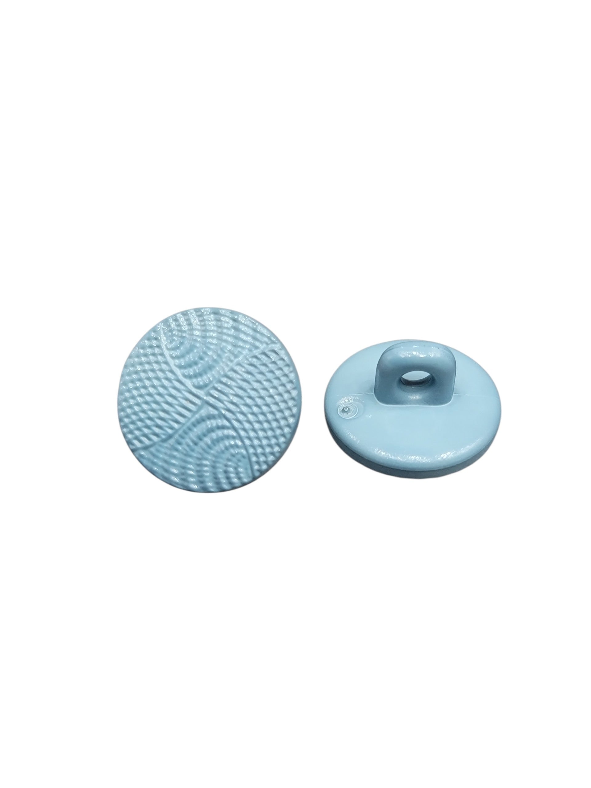 Light blue 14mm polyester shank button with a textured wave design on the front.