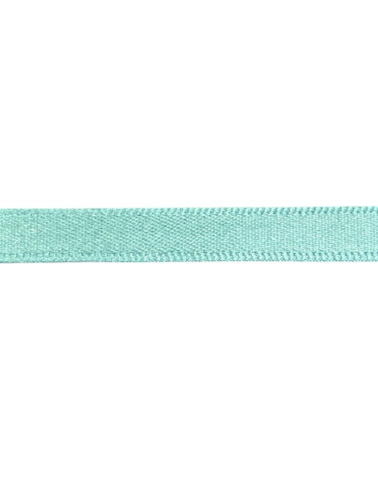 A single roll of 7mm wide light teal satin polyester ribbon for crafts and sewing.