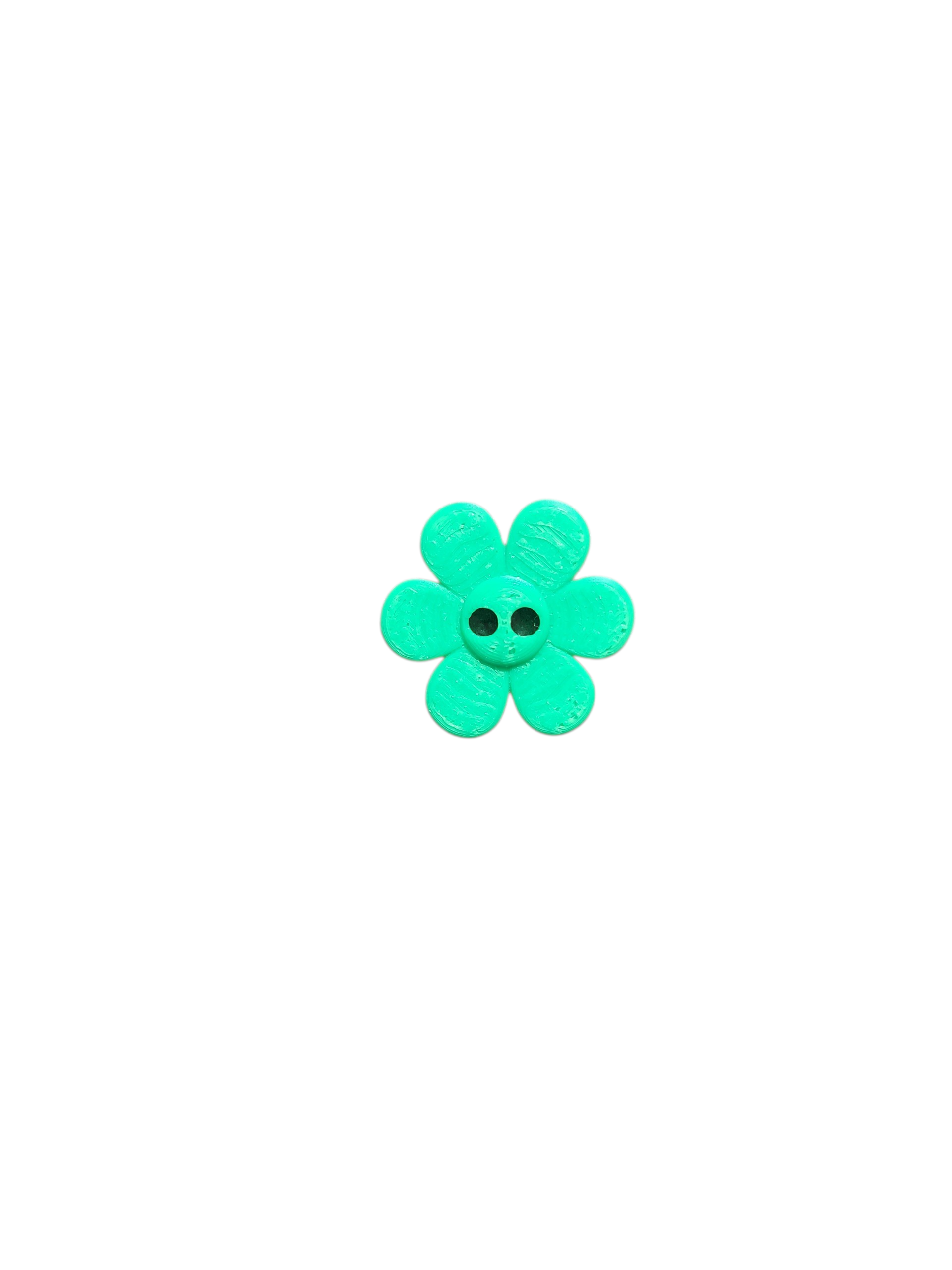A single turquoise flower-shaped polyester button with two center holes for sewing and crafts.