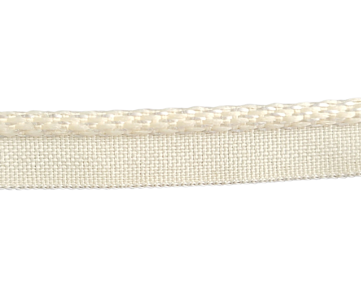 Cream flanged upholstery cord with a woven fabric lip for mattress and furniture piping.