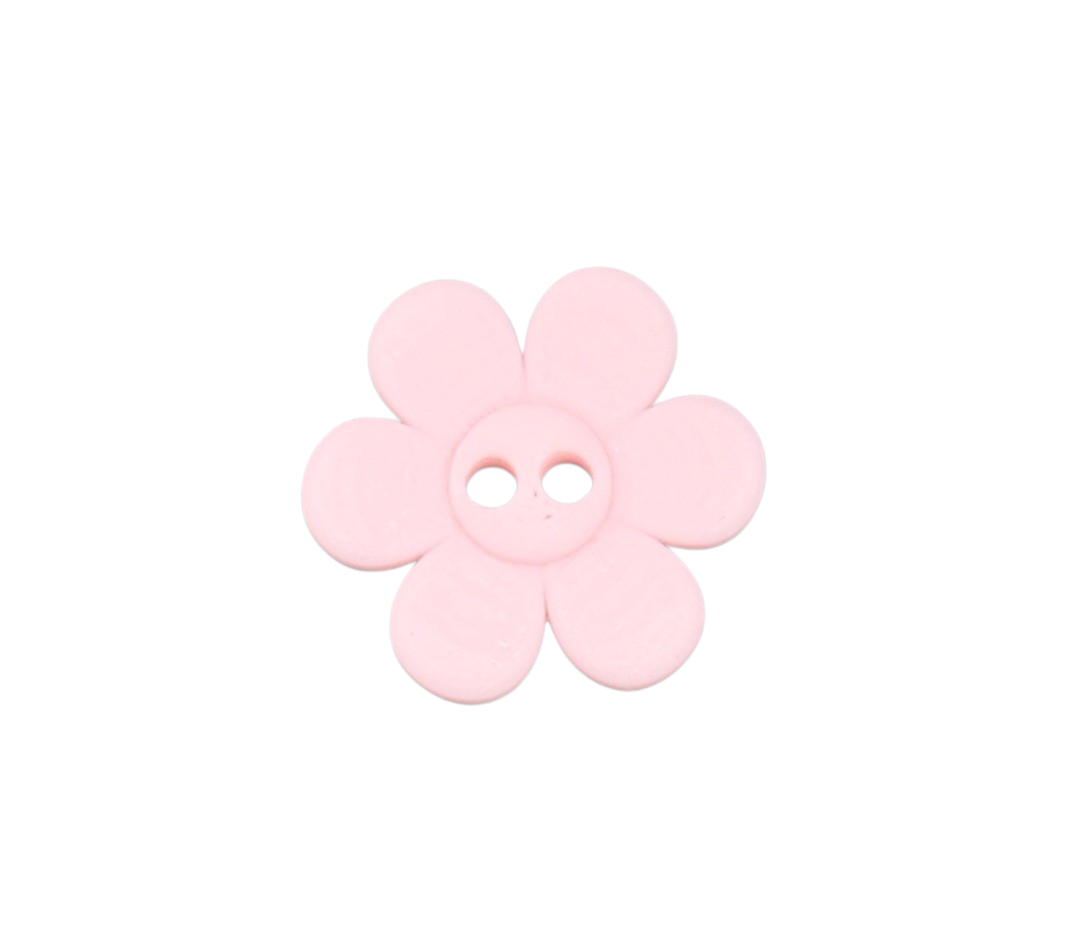 A single light pink flower-shaped polyester button with two center holes for sewing and crafts.