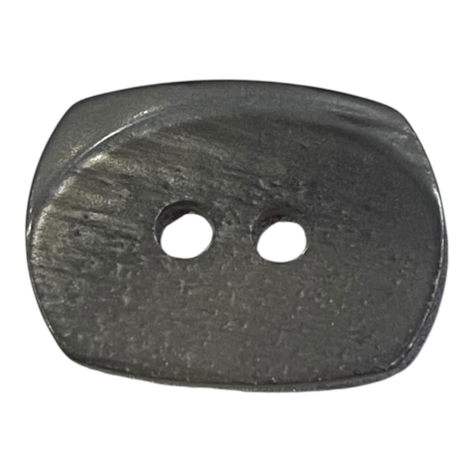 Rectangular metal grey polyester sewing button with two holes and a textured finish.