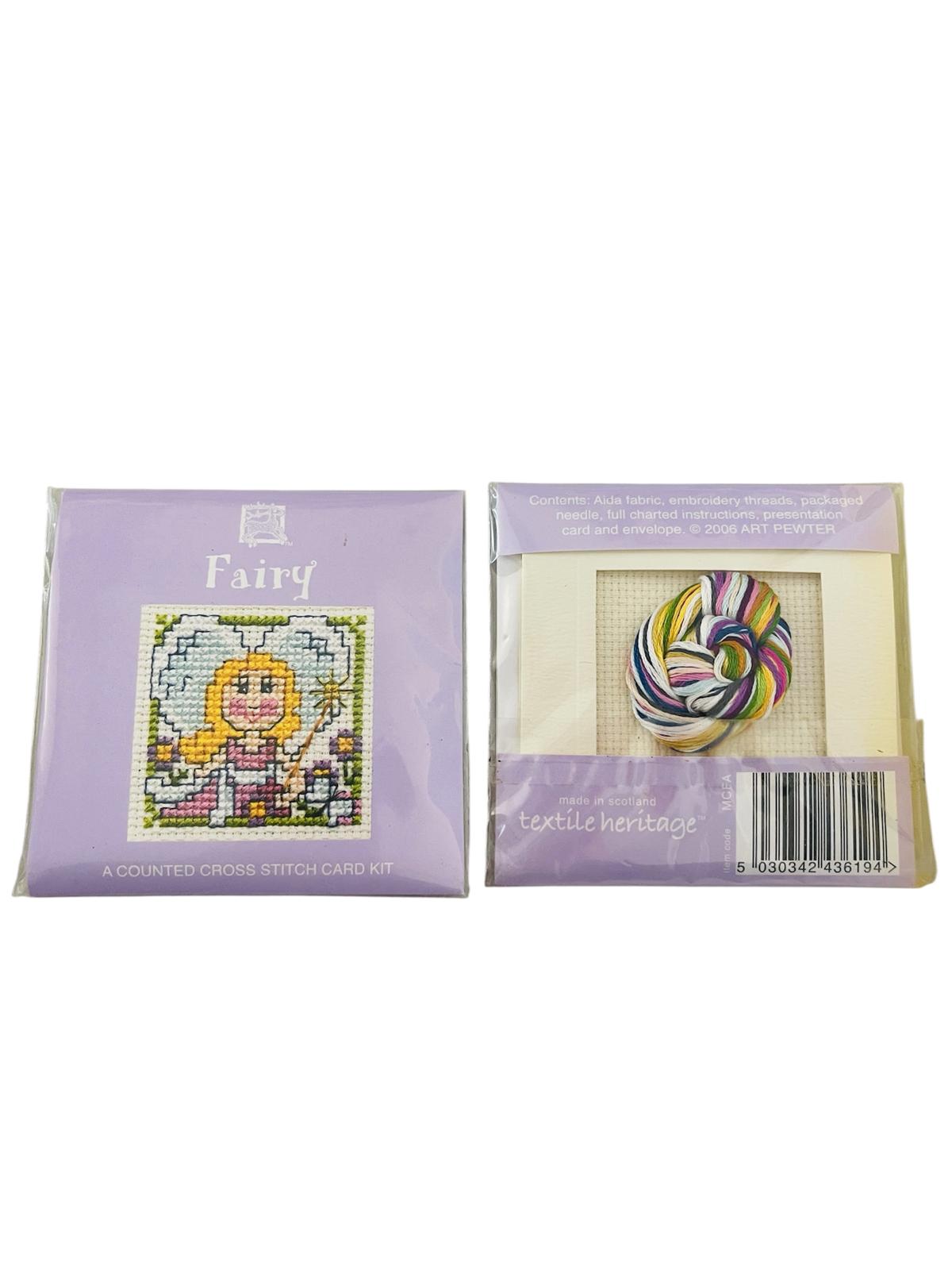 Textile Heritage Fairy counted cross stitch card kit showing the front cover and back contents.
