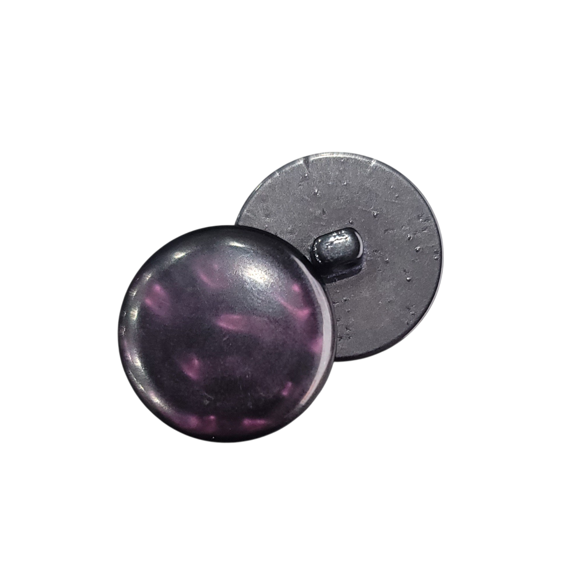 A 23mm dark purple iridescent shank button shown from the front and back.