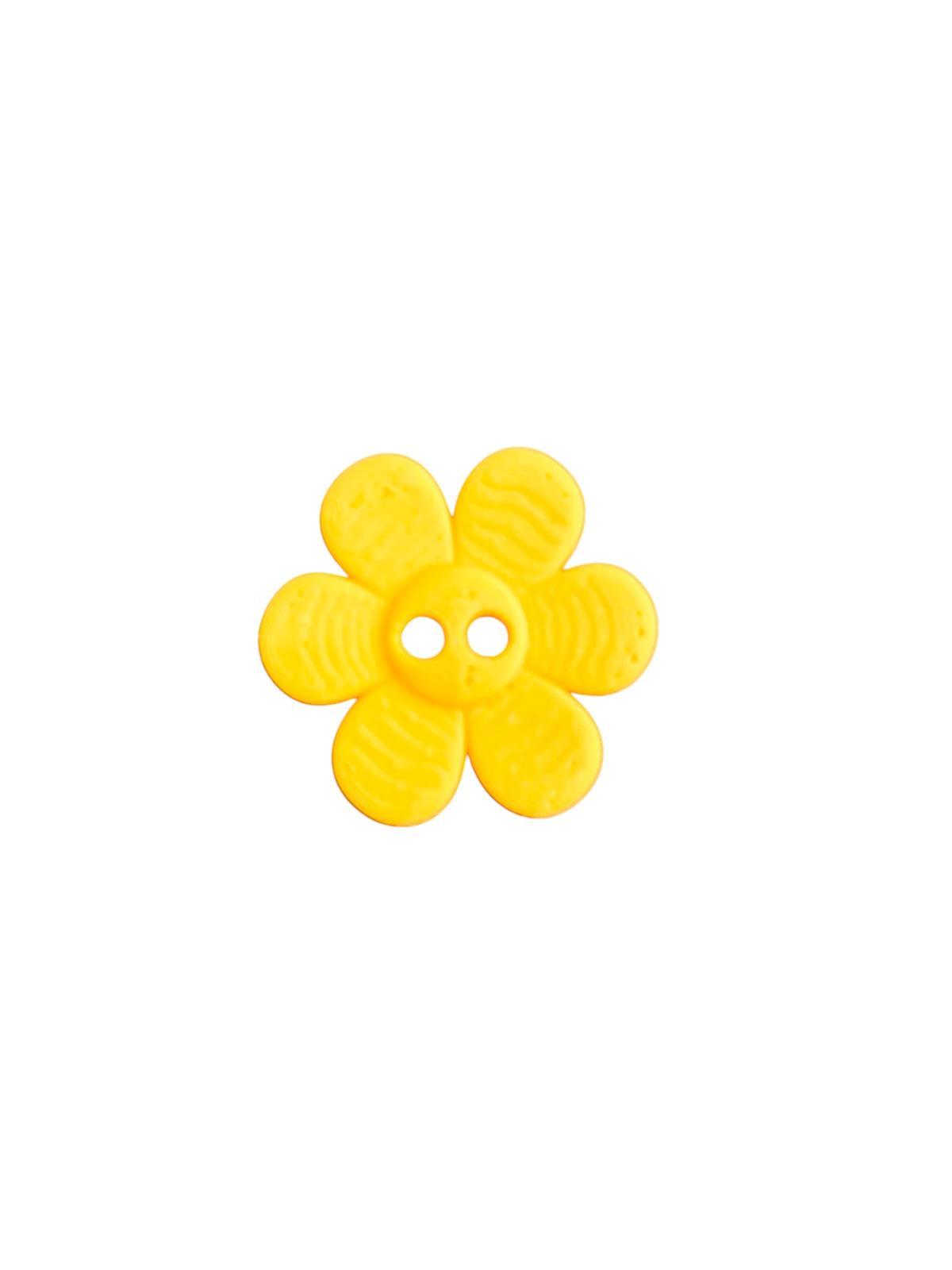 Yellow flower-shaped 25mm polyester button with two holes for sewing and crafts.