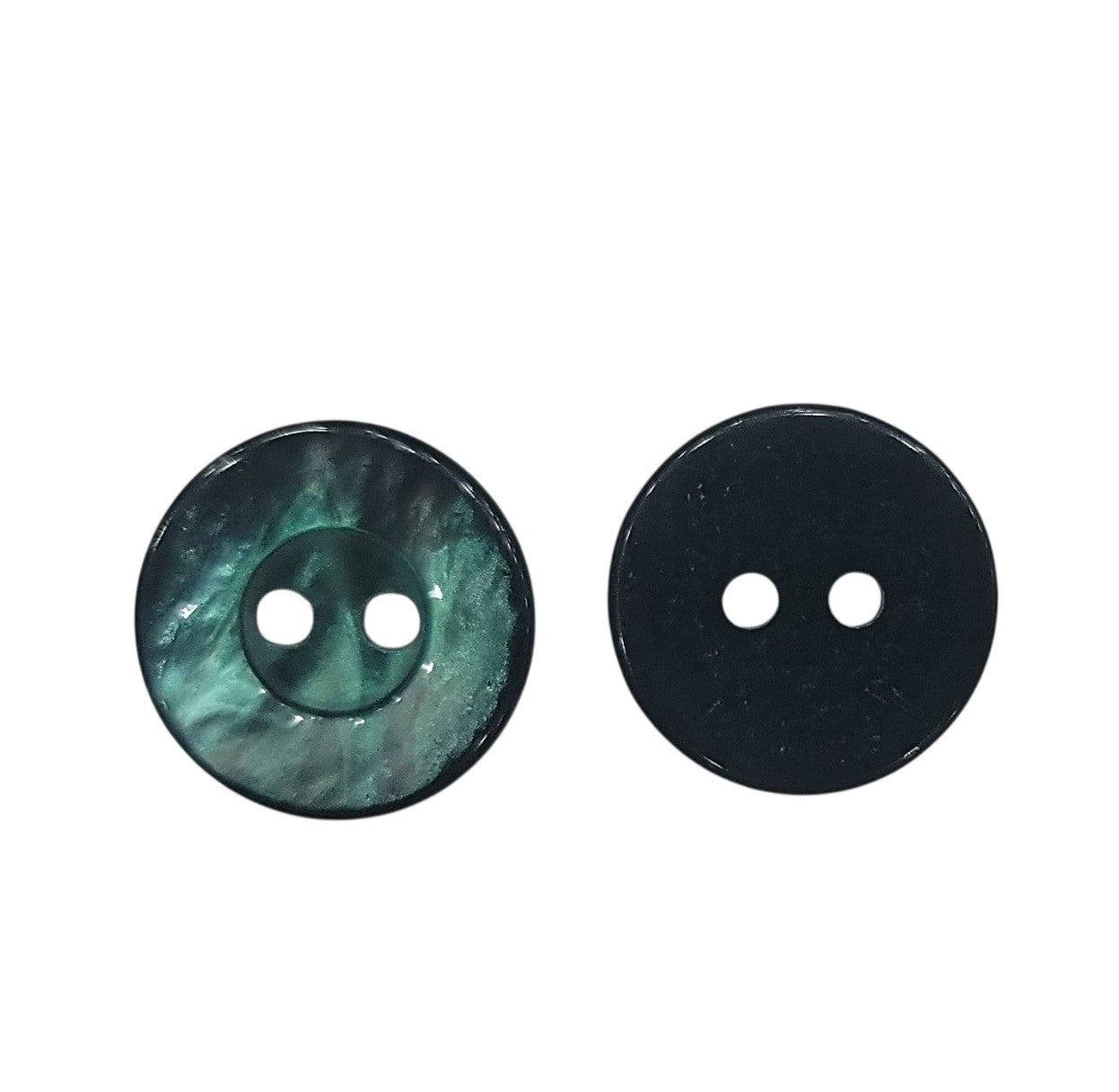 Front and back view of a 13mm green shell button with two holes.