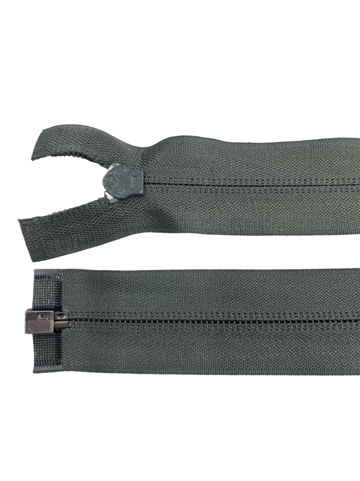 PEX size 7 plastic open end zip in petrol grey showing the slider and separating bottom.