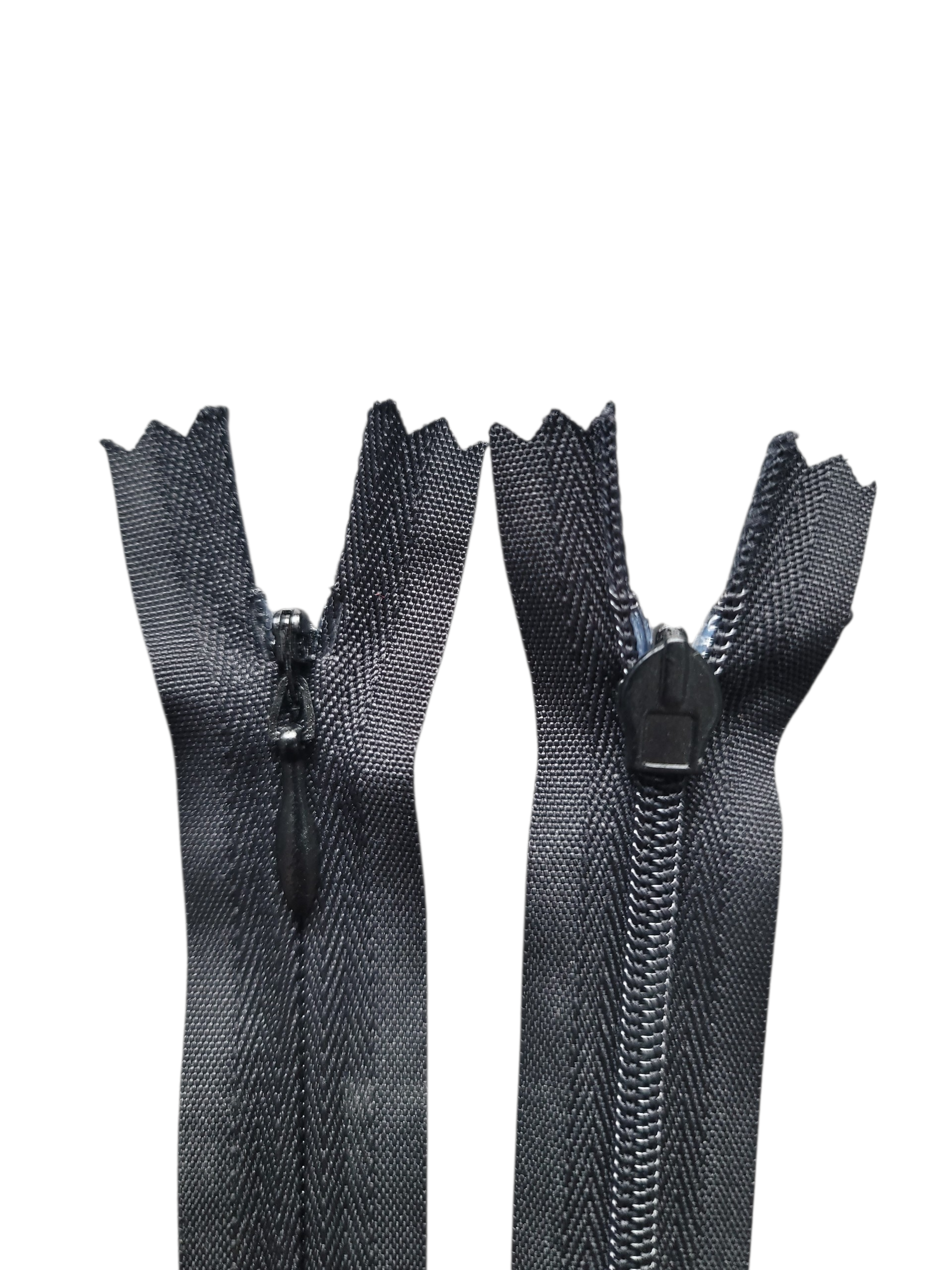 Two black 18cm closed-end invisible zippers shown side-by-side against a white background.