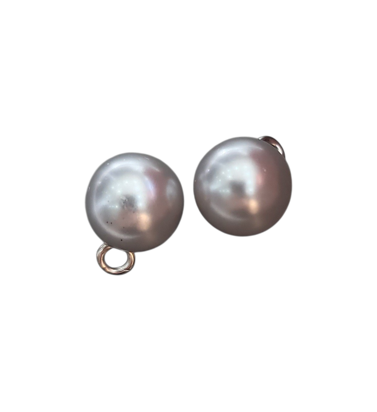 Silver grey plastic shank pearl buttons with a smooth, lustrous finish.