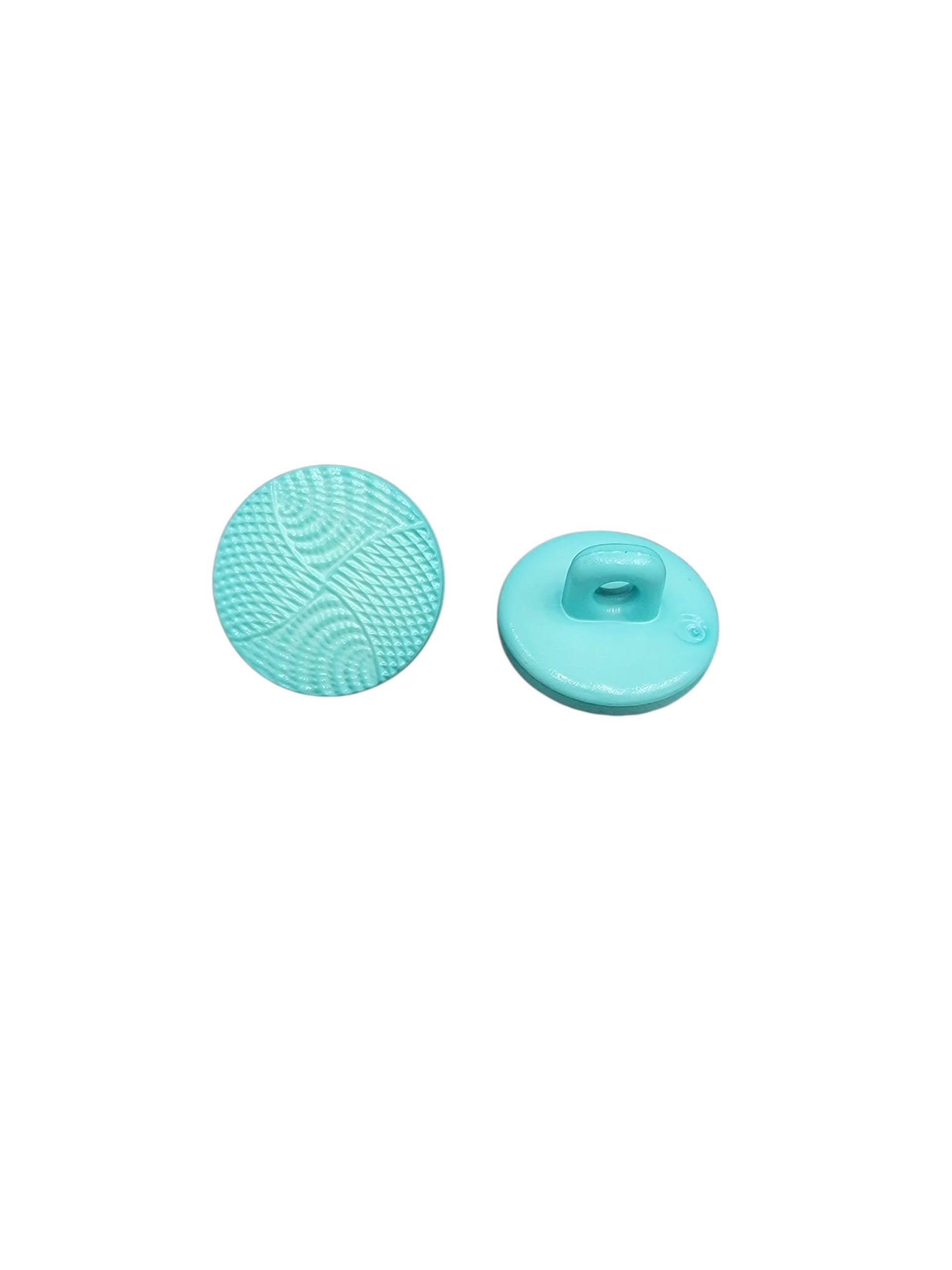 Front and back view of a 14mm turquoise wave design polyester shank button.