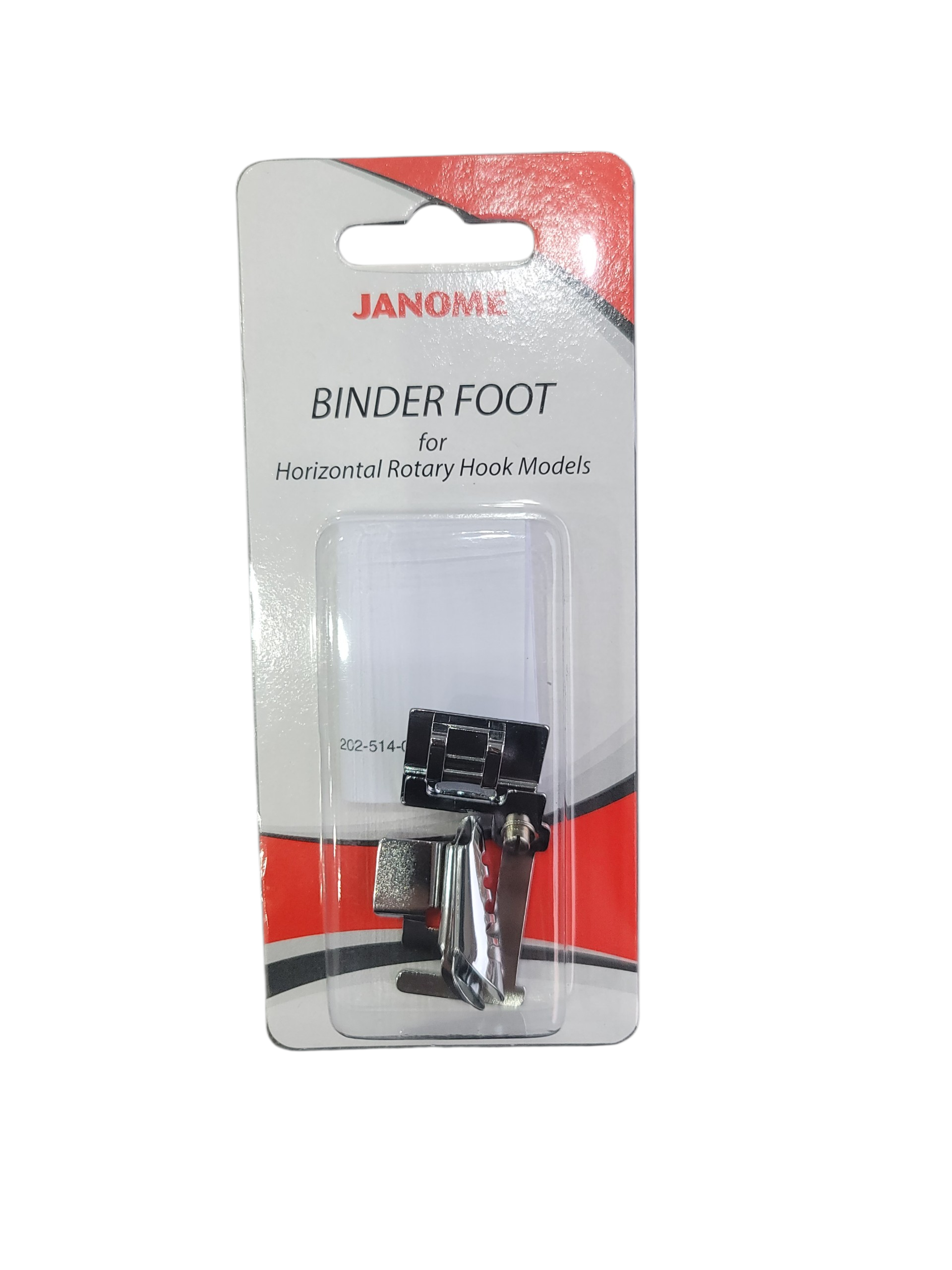 Janome binder foot for horizontal rotary hook sewing machines in its original retail packaging.