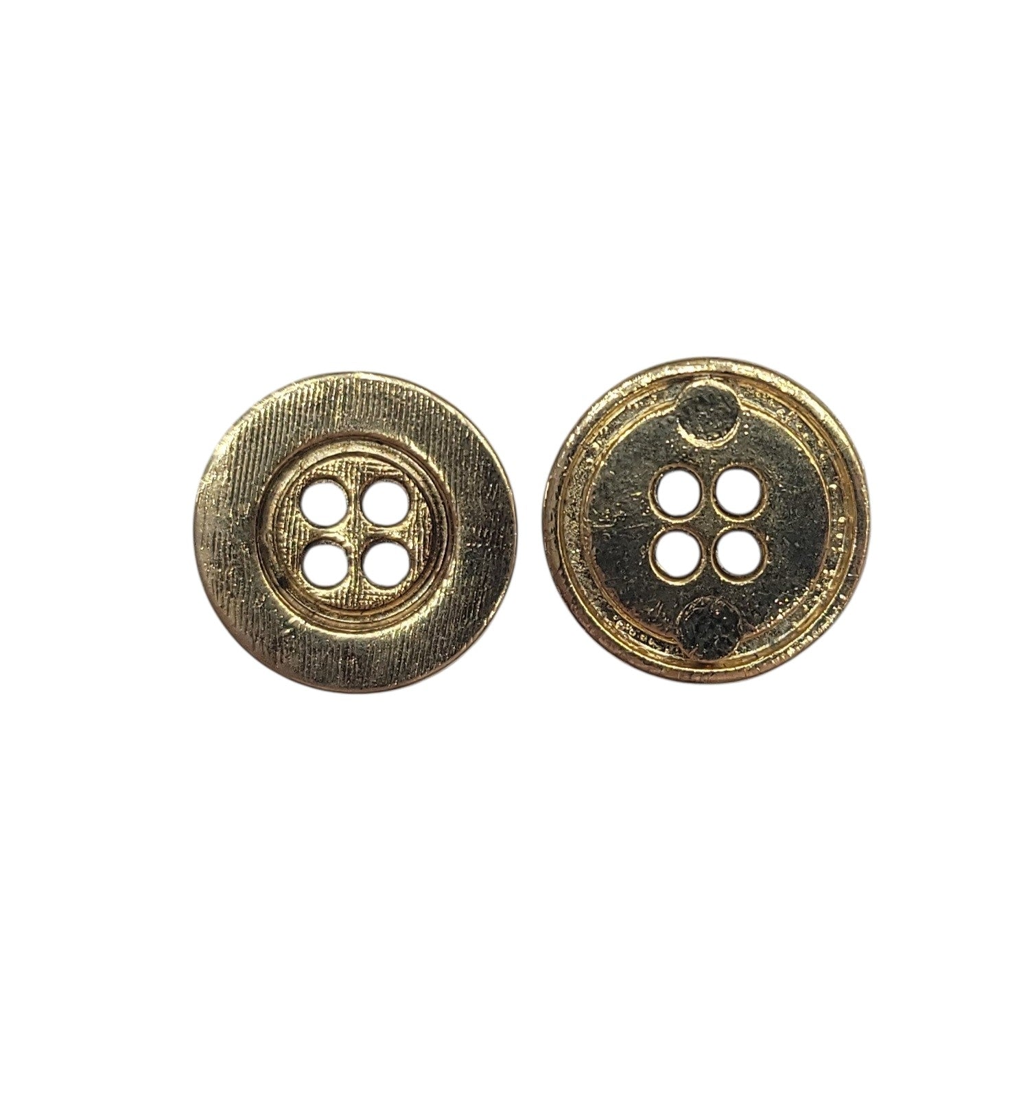 Two vintage 15mm gold metal buttons with four holes and textured surfaces on a white background.
