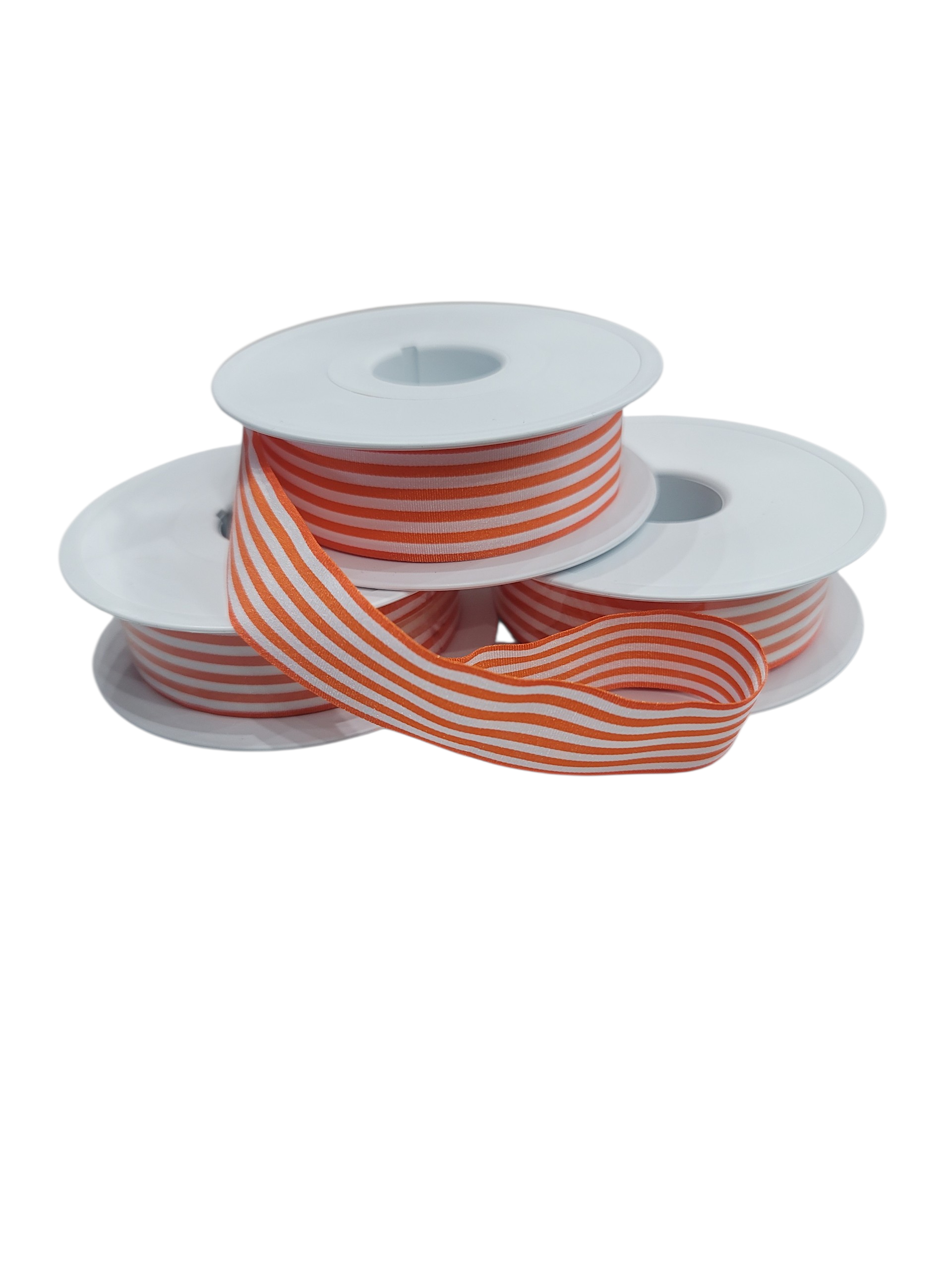 Three rolls of 25mm orange and white striped polyester ribbon tape on white spools.