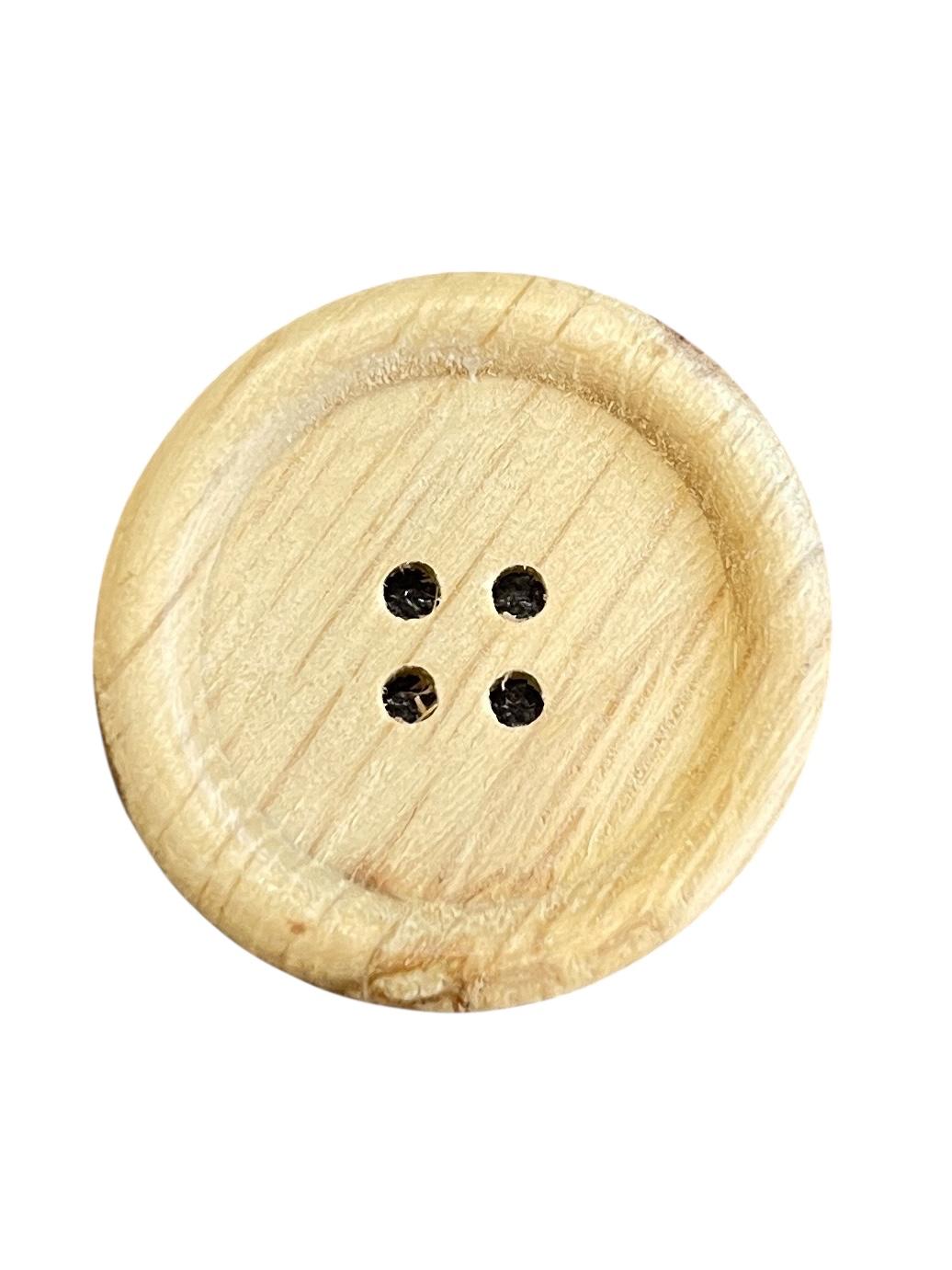 Natural wood 30mm round sewing button with a four-hole design and visible wood grain.