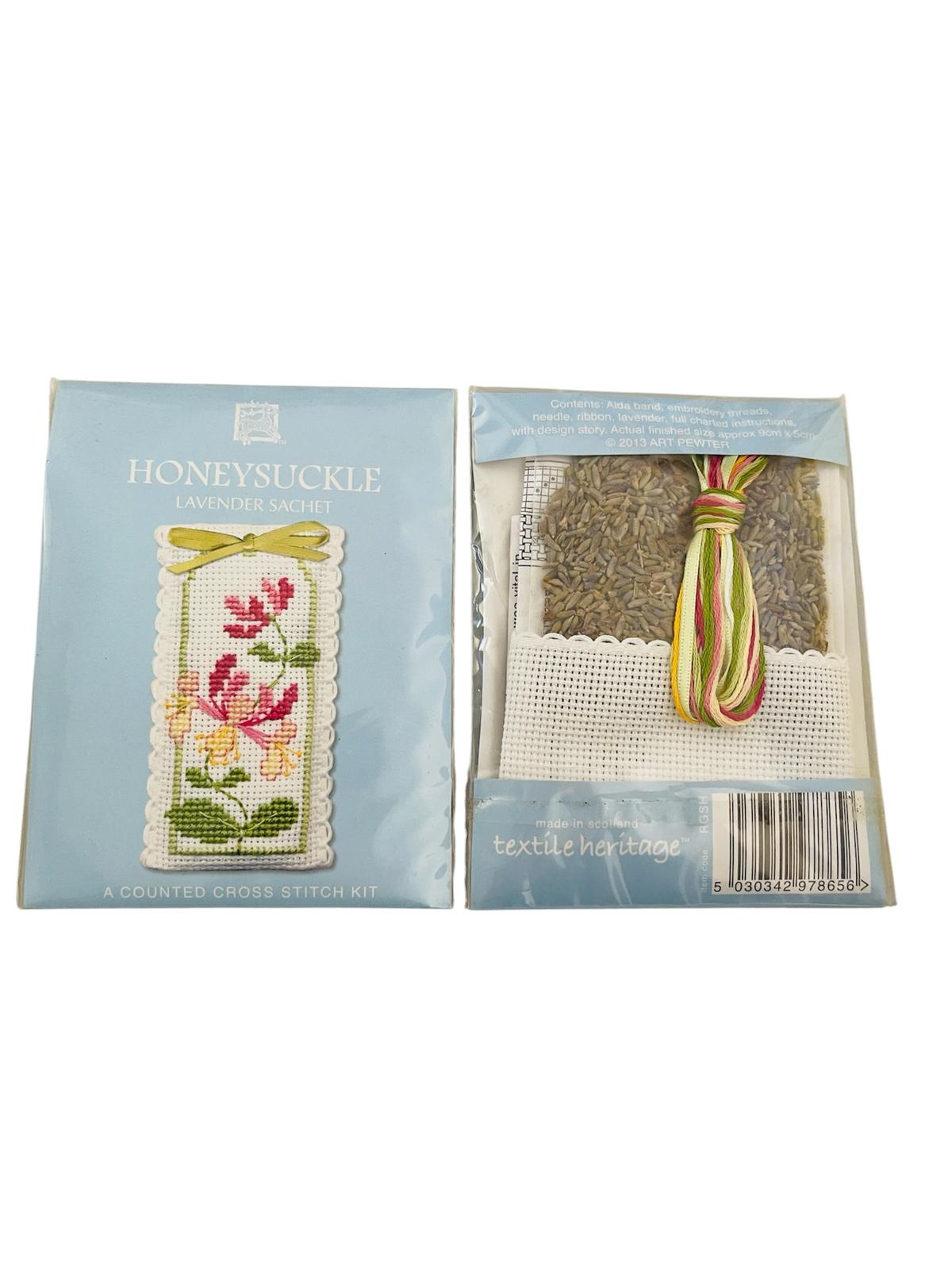 Honeysuckle lavender sachet cross stitch kit by Textile Heritage with threads and dried lavender.