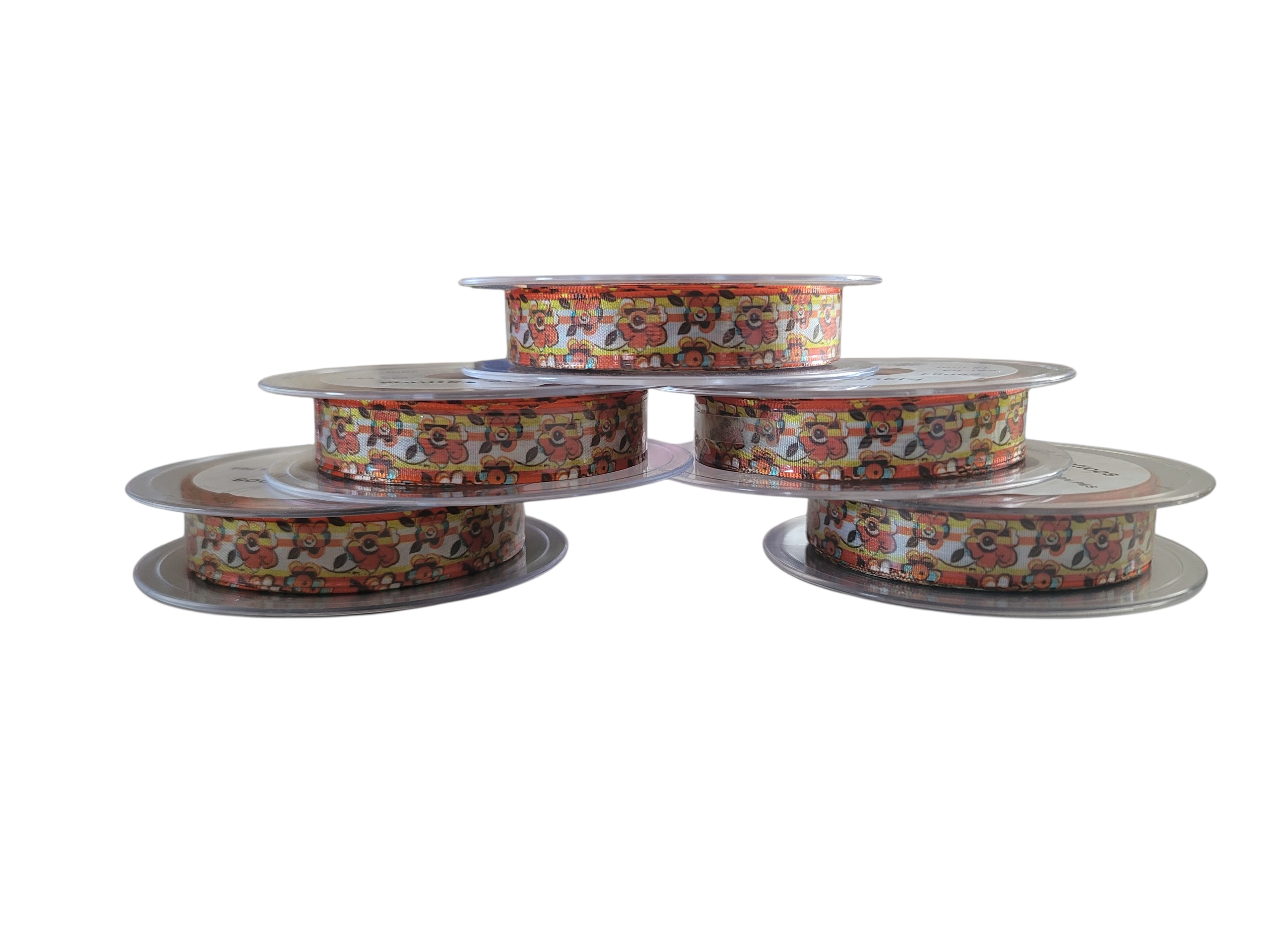 Five rolls of 16mm floral patterned ribbon with orange and yellow flowers on clear spools.