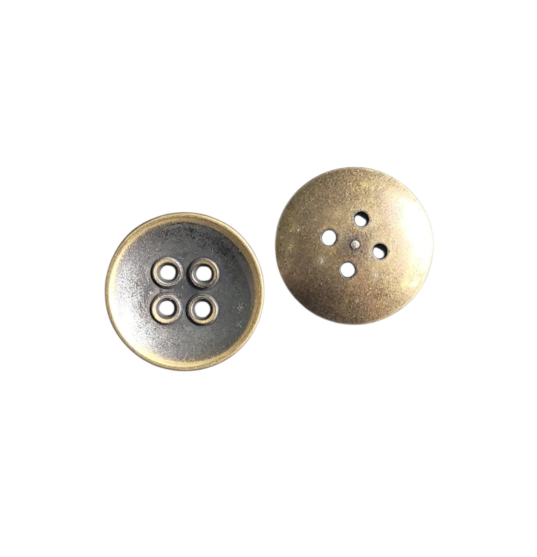 Round Metal 4 hole Distressed Button, Antique Brass finish, Bowl - Dipped centre, 28mm X055