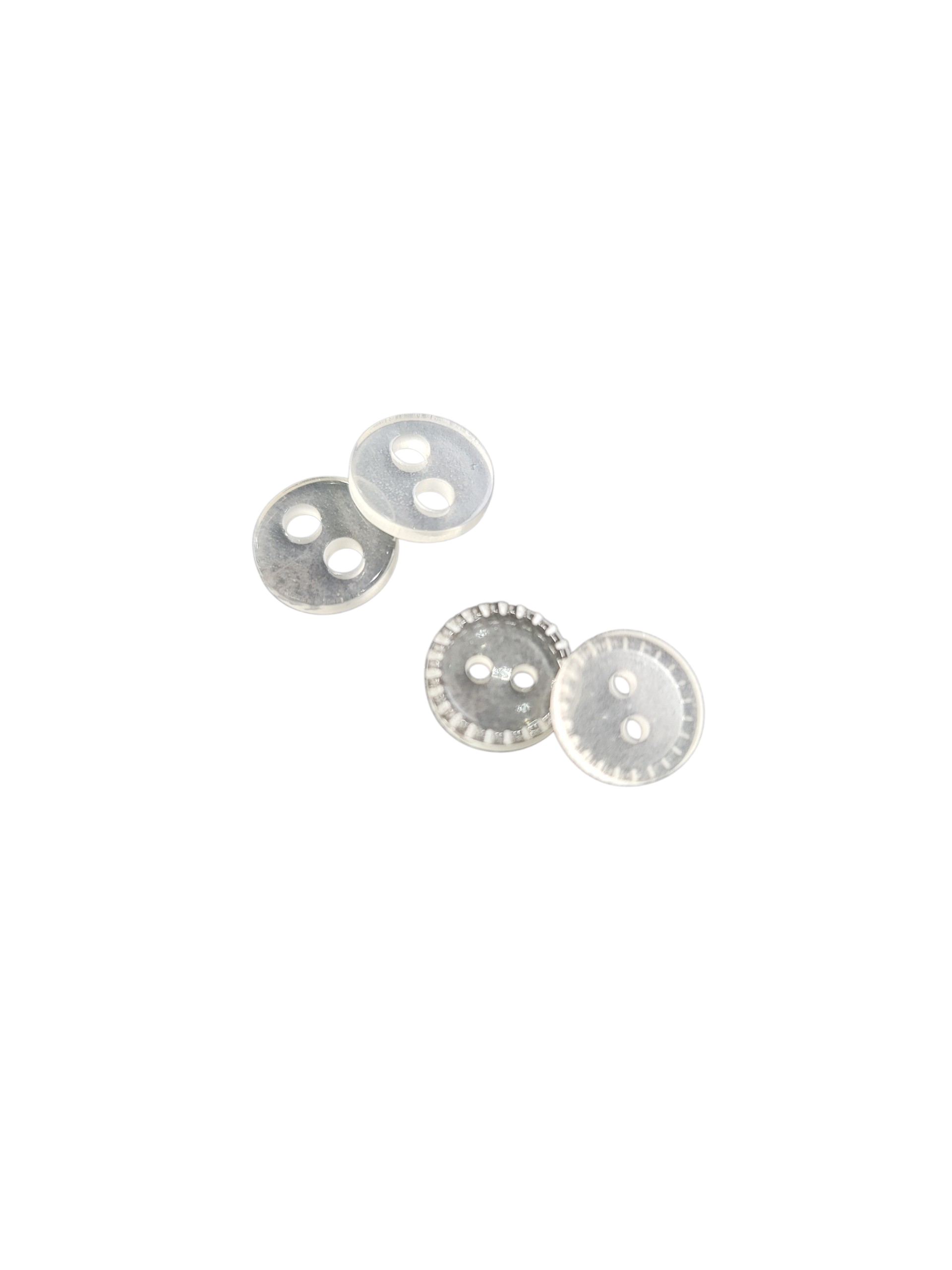 Four clear cream 11mm round buttons with two holes and a decorative rim on a white background.