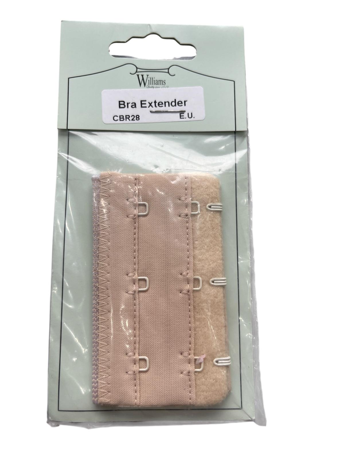Williams nude elastic bra extender with three rows of metal hooks in its original packaging.