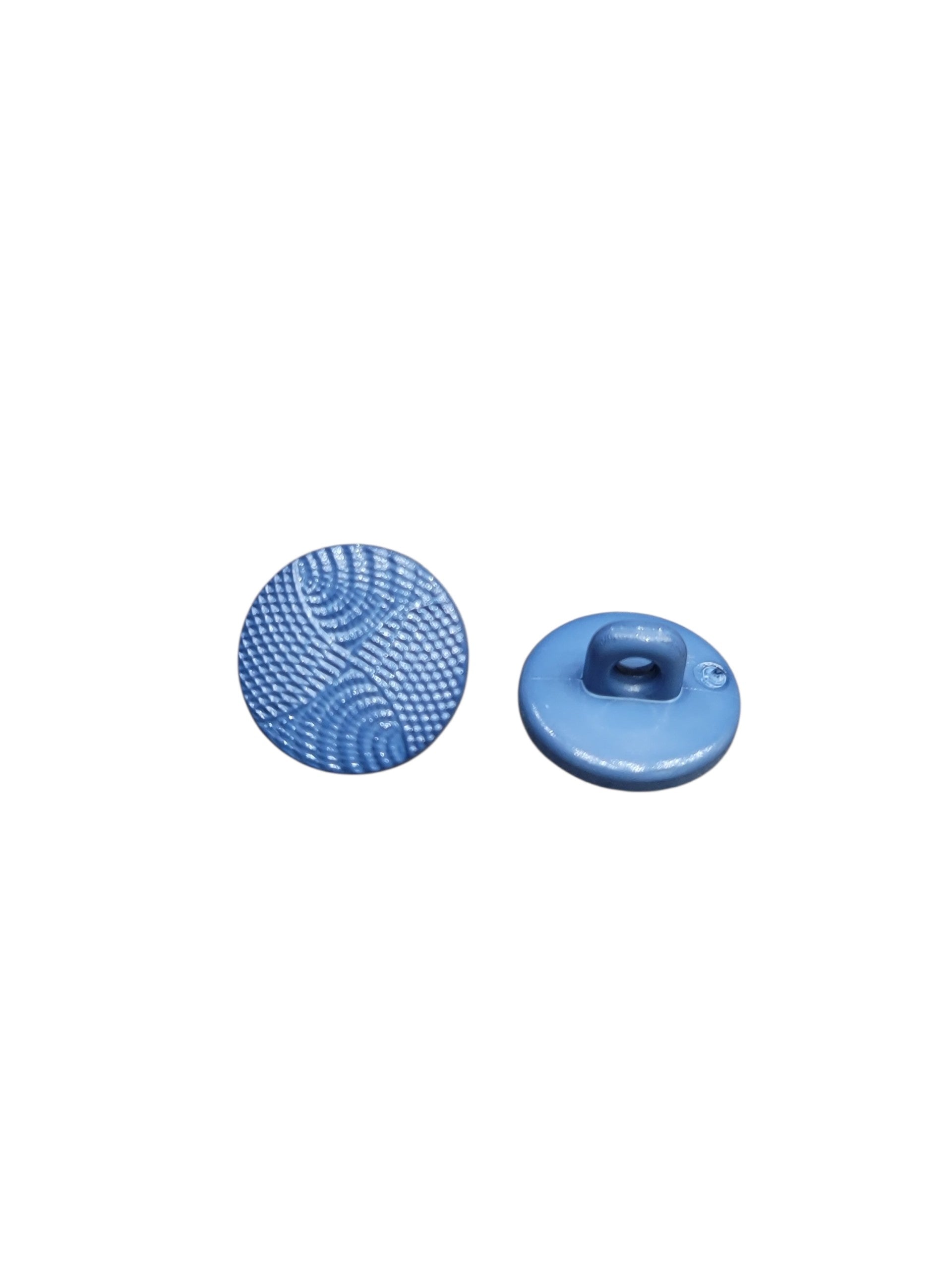 Front and back view of a 14mm blue polyester shank button with a textured wave design.