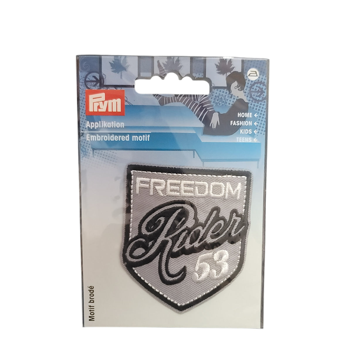 Prym iron-on embroidered applique featuring 'Freedom Rider 53' in a shield design.