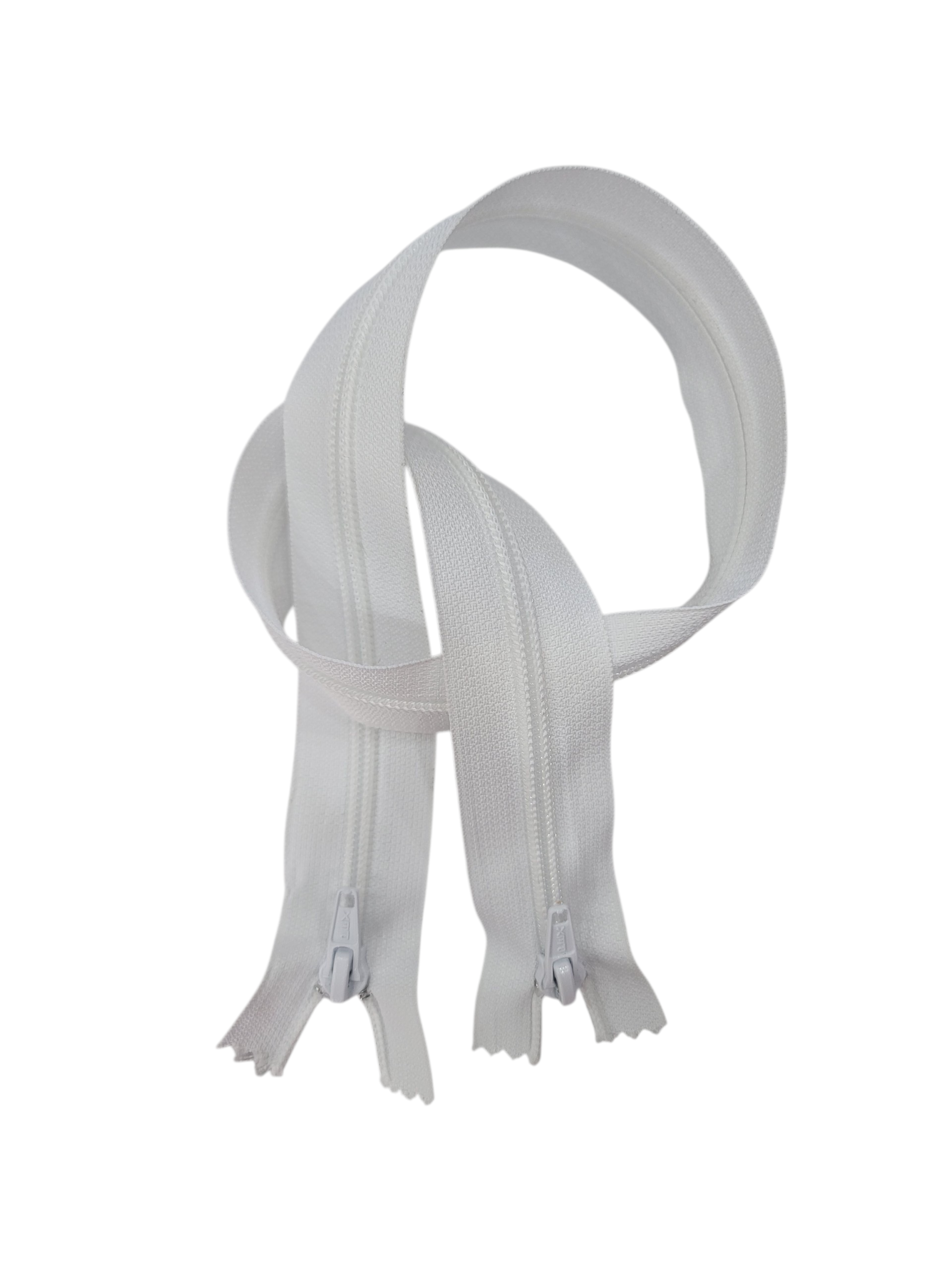 PEX white 60cm size 7 two-way open-end plastic coil zipper with two sliders on a white background.