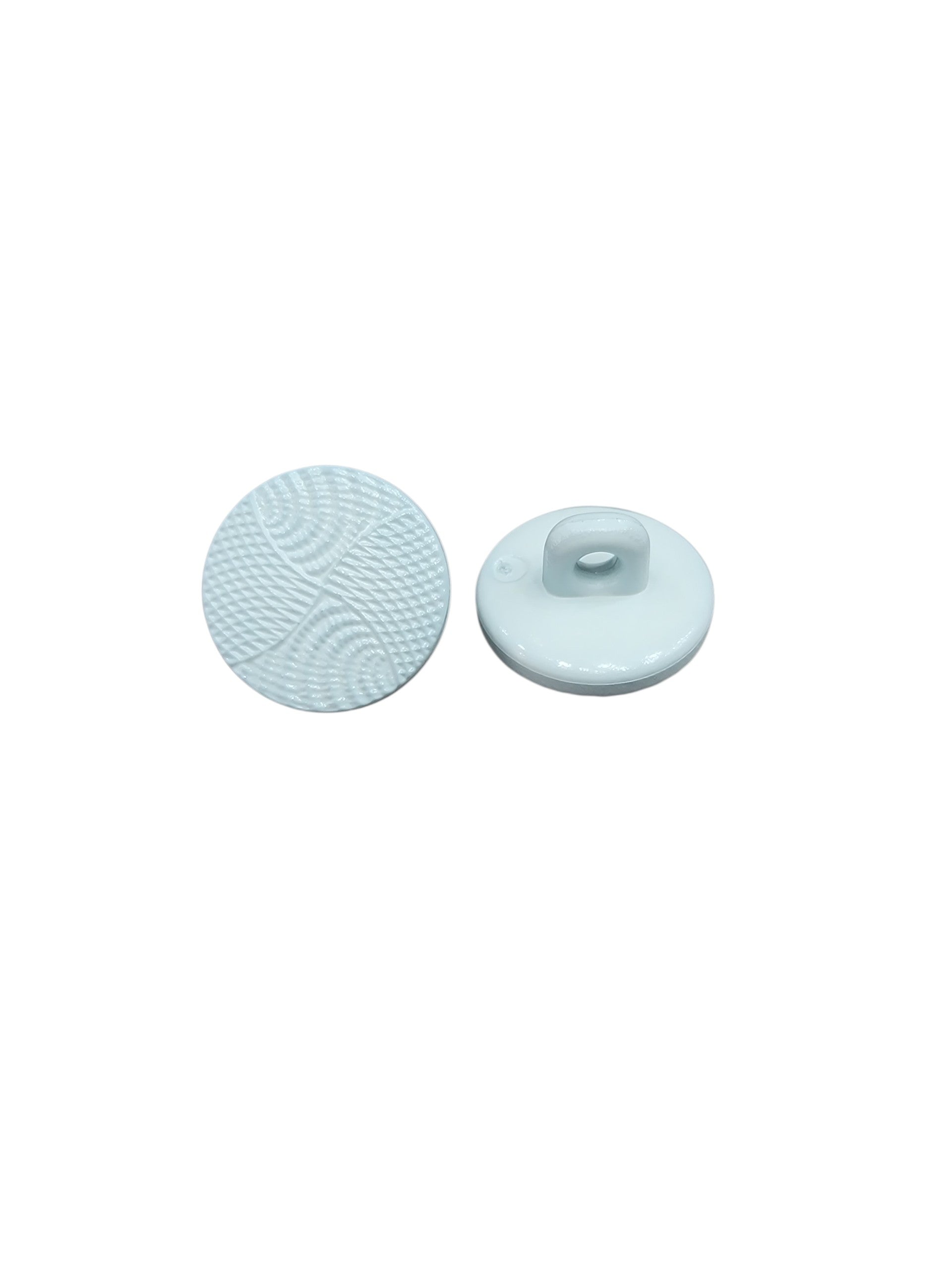 Front and back view of a 14mm light blue wave design polyester shank button.