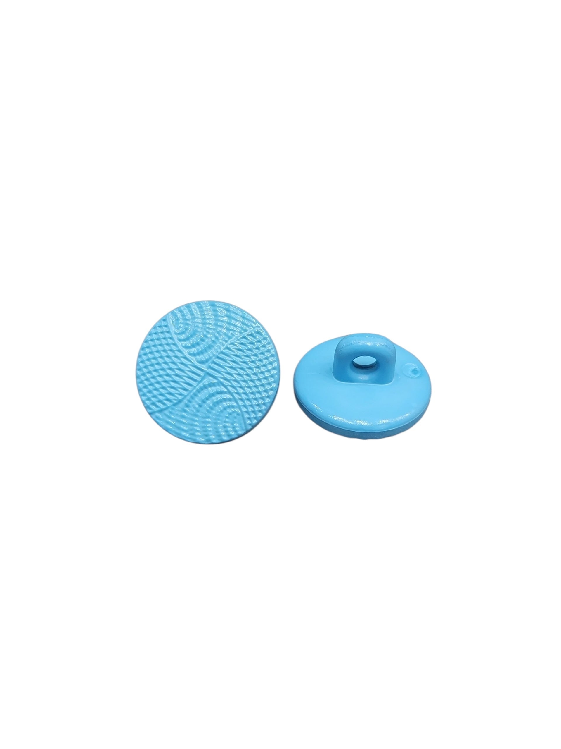 Light blue 14mm polyester shank button with a textured wave design on the front.