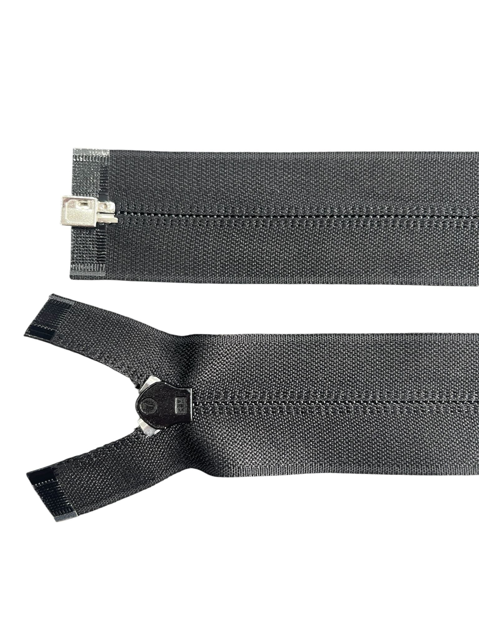 PEX Size 7 black plastic open-end zipper showing the top and bottom separating mechanisms.