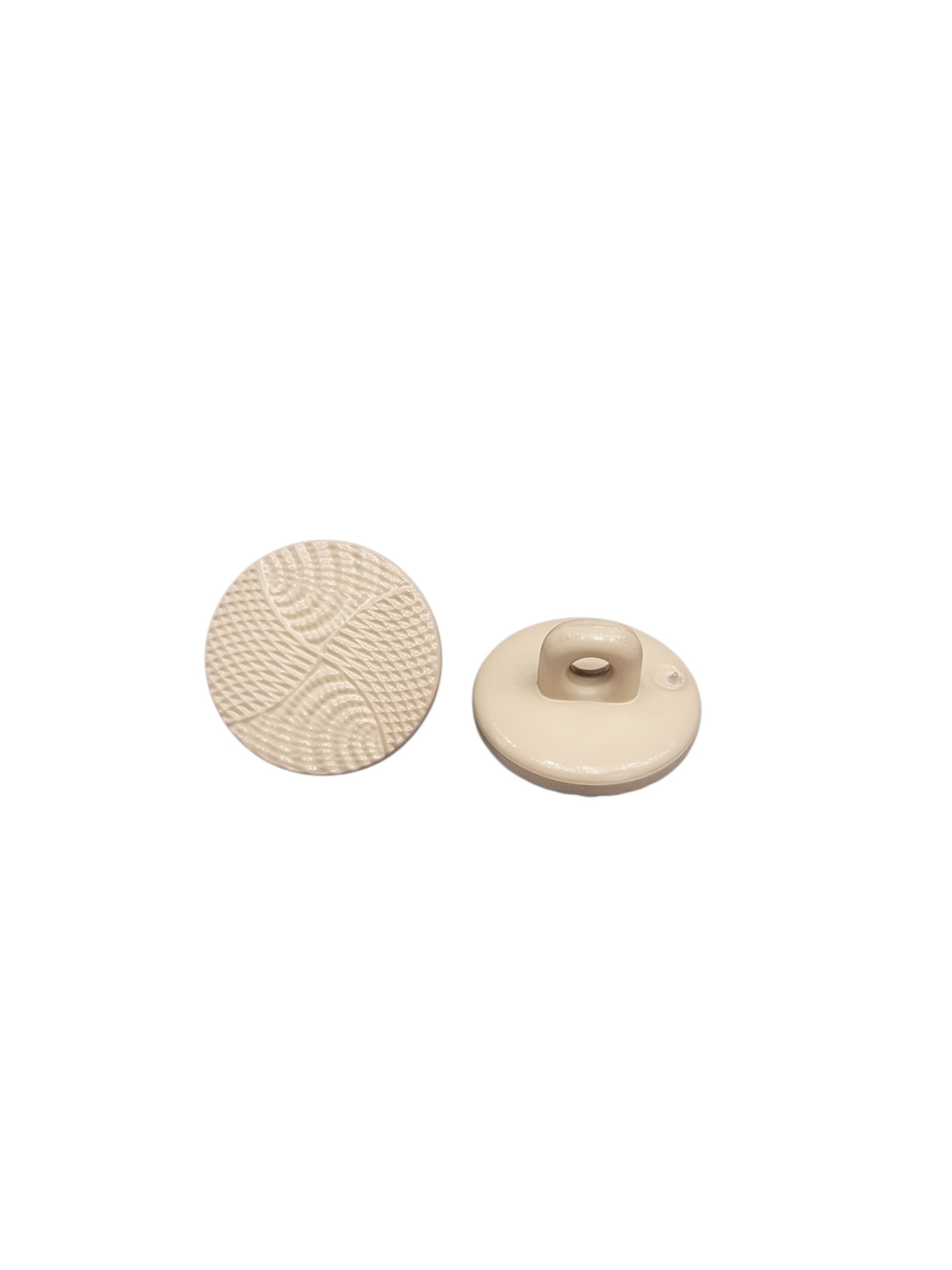Front and back view of a 14mm beige polyester shank button with a textured wave design.