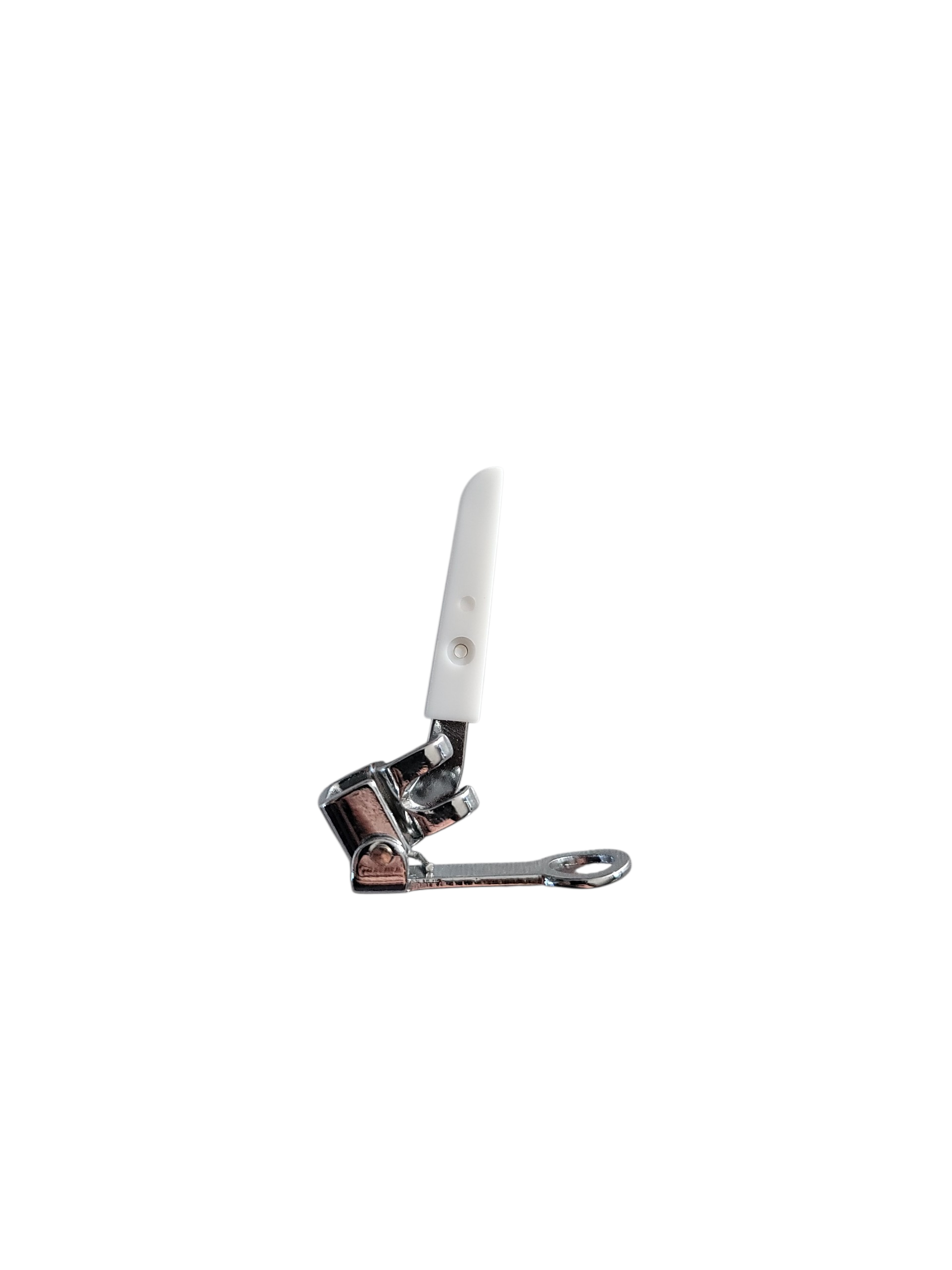 Singer free motion embroidery darning foot with a white plastic lever and metal screw-on attachment.