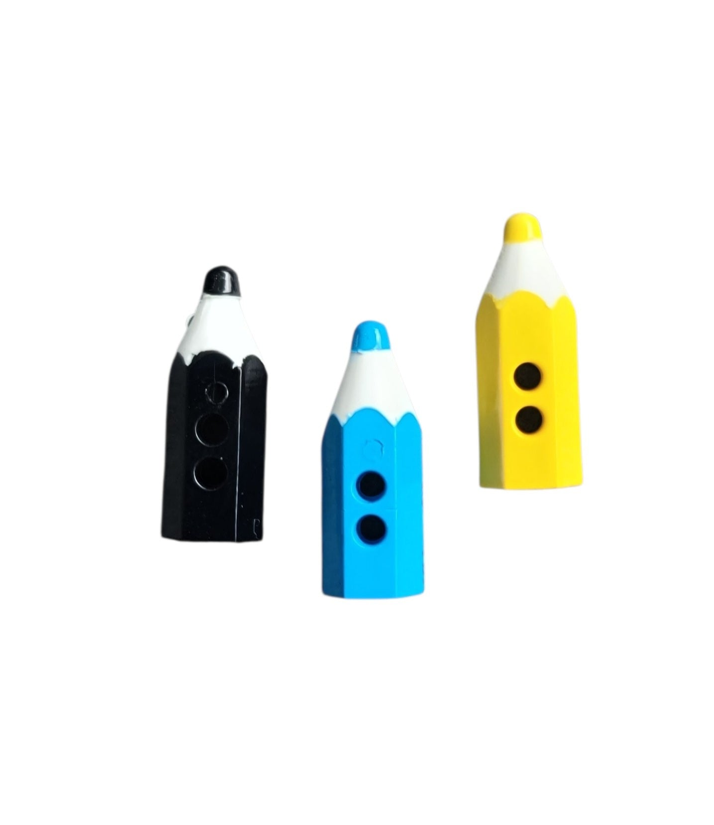 Three pencil-shaped 2-hole buttons in black, blue, and yellow on a white background.