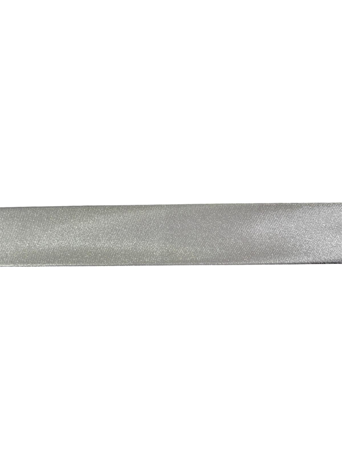 A single strip of silver satin bias binding tape shown horizontally against a white background.