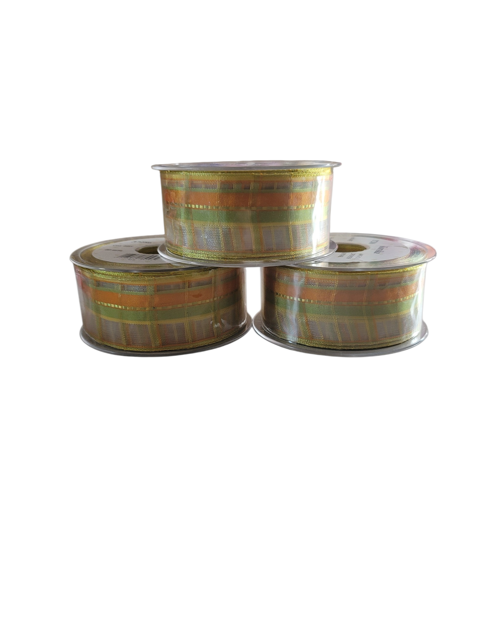Three rolls of 40mm orange, yellow, and green plaid chiffon ribbon on clear plastic spools.