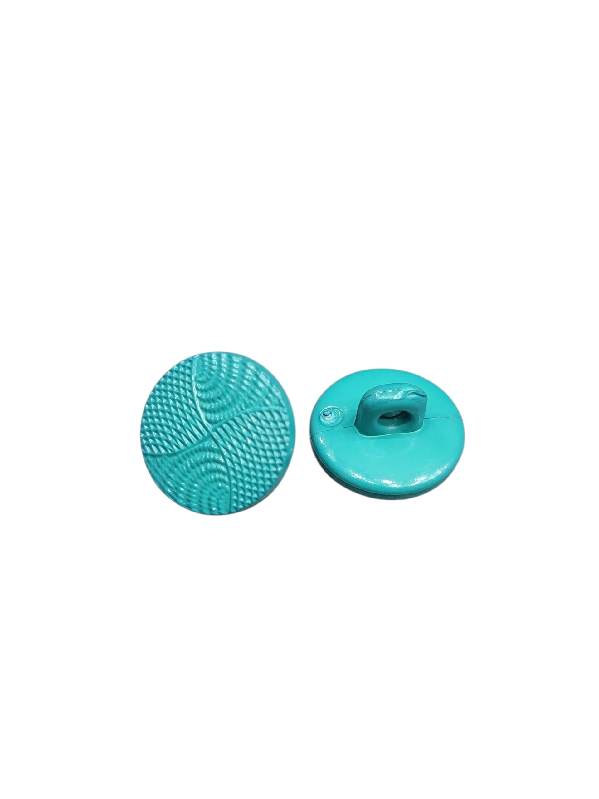 Two 14mm turquoise polyester shank buttons with a textured wave design on a white background.