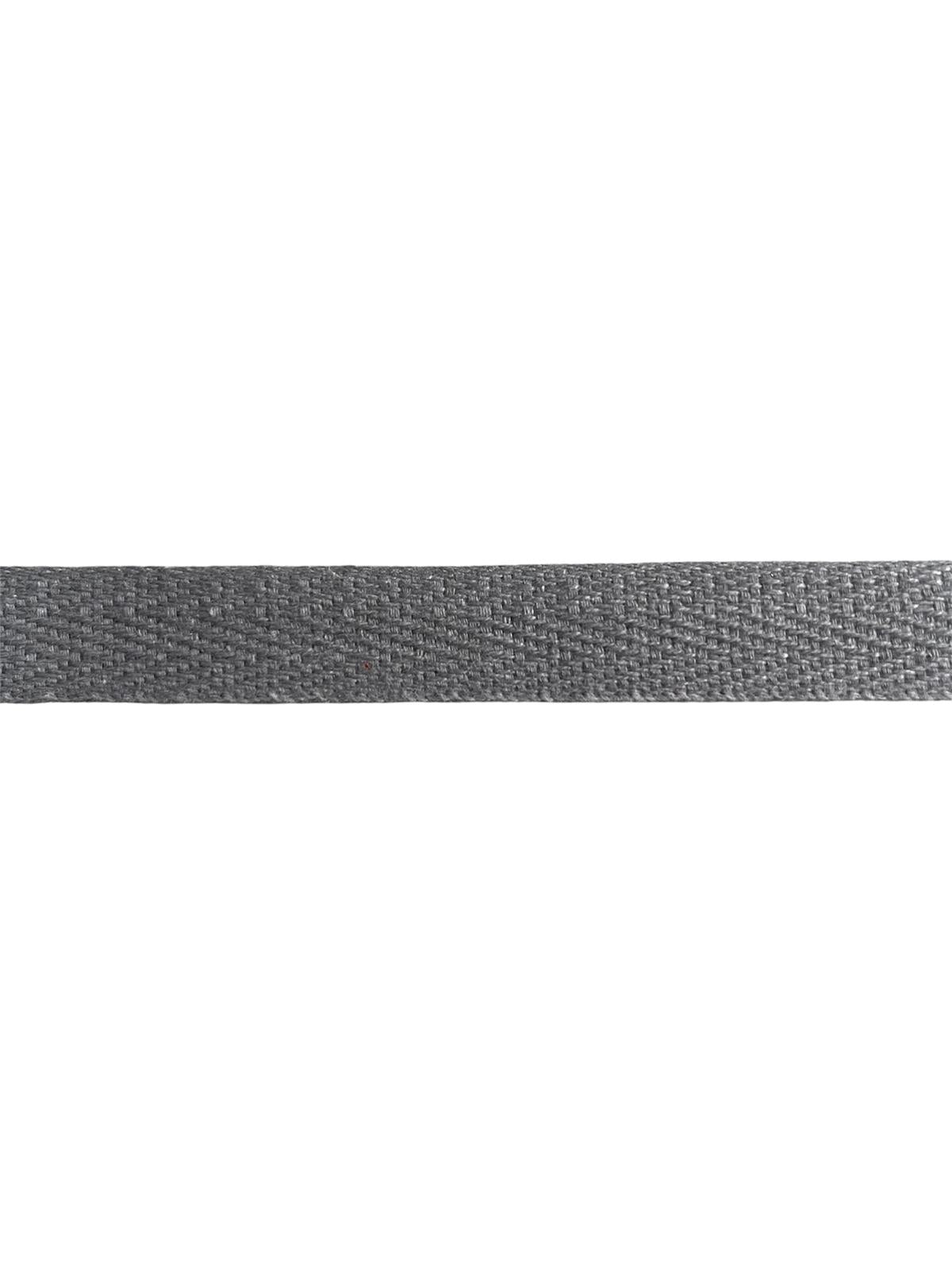 A close-up of 15mm grey herringbone cotton twill webbing tape for sewing.