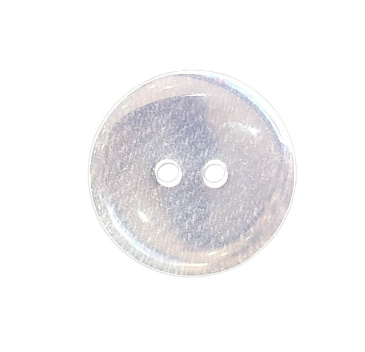 A single 20mm clear round polyester button with a transparent finish and two sewing holes.
