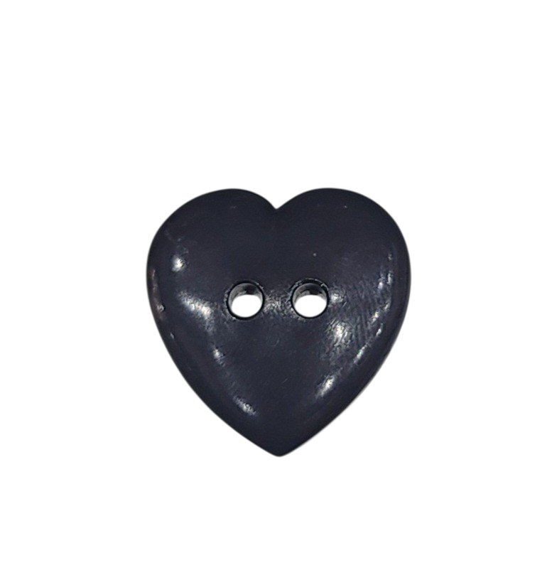Dark grey heart-shaped polyester sewing button with two holes and a smooth finish.