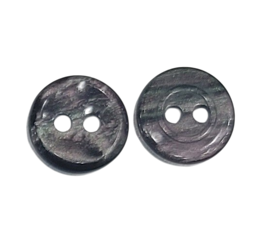 Two dark smoke polyester sewing buttons with two holes and a subtle marbled texture.