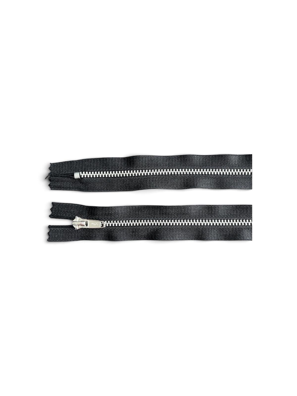 Two EP silver metal size 3 black zippers with silver sliders on a white background.