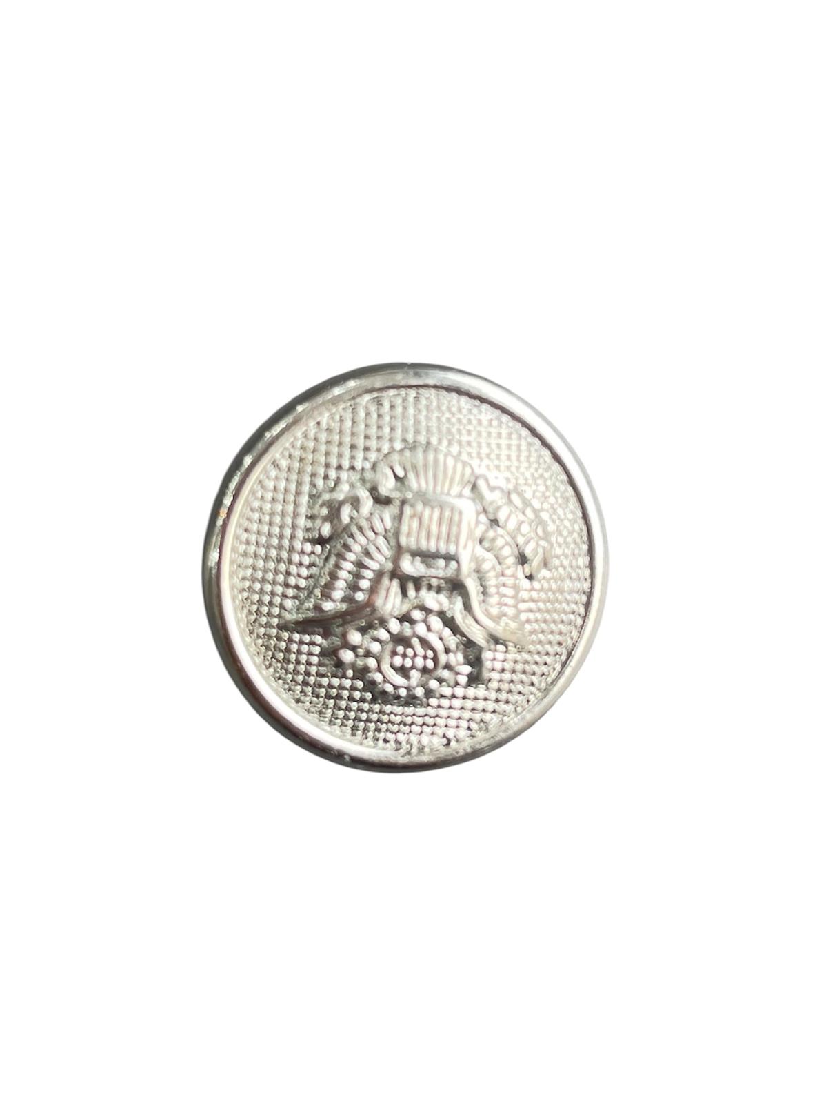 Silver 22mm military-style shank button with an embossed crest on a textured background.