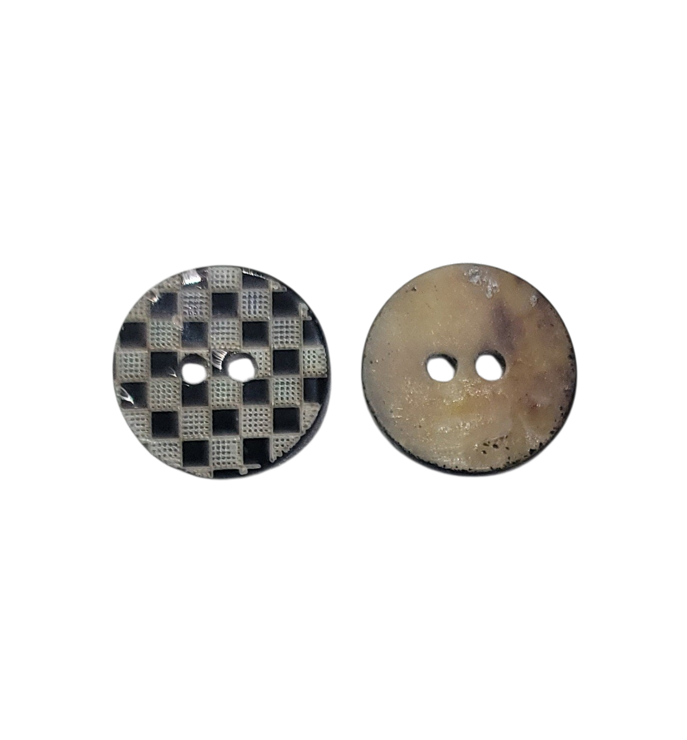 Checkered black and white 12mm natural shell button shown from the front and back.