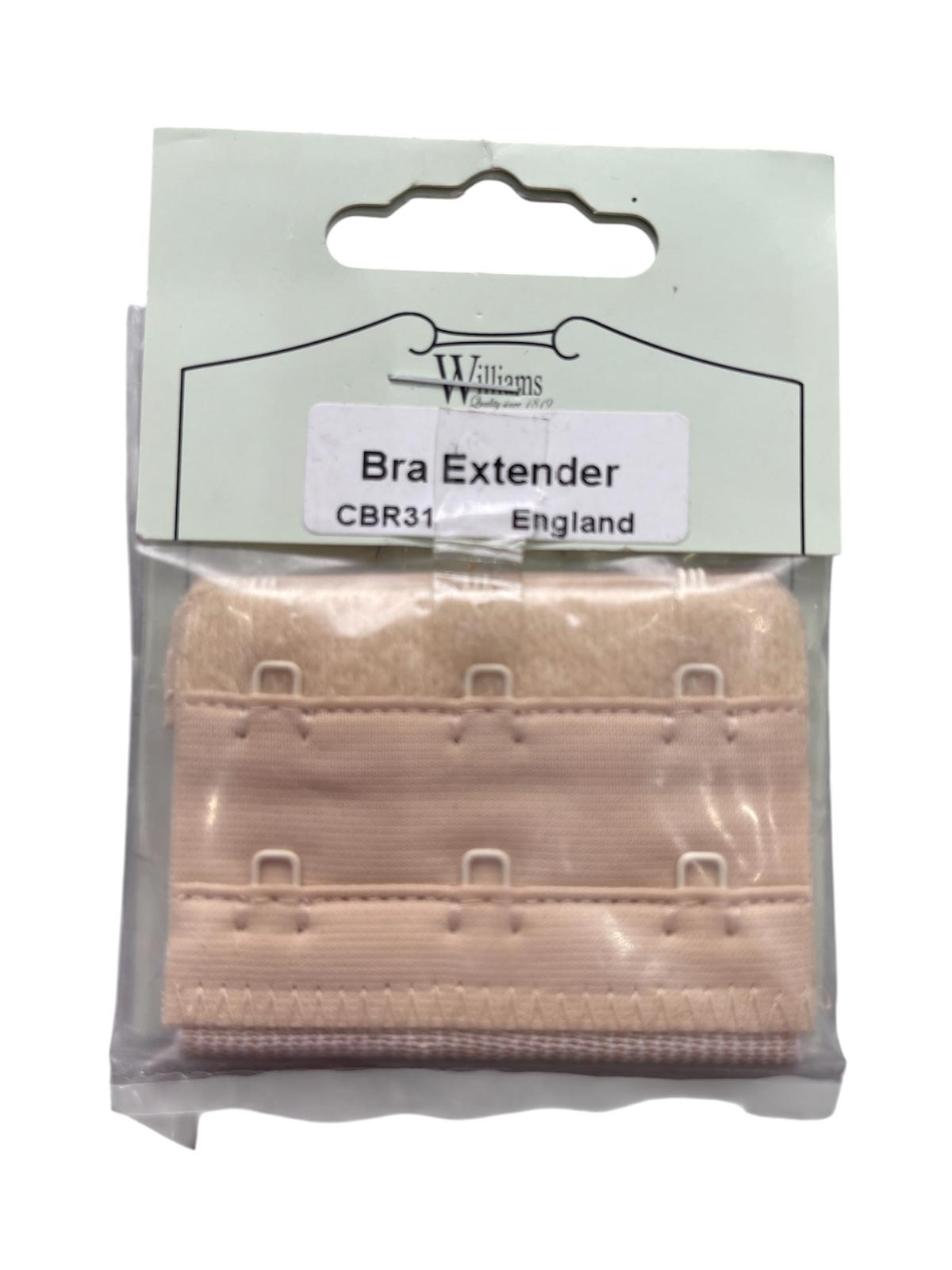 Williams nude elastic bra extender with three rows of hooks in its original packaging.
